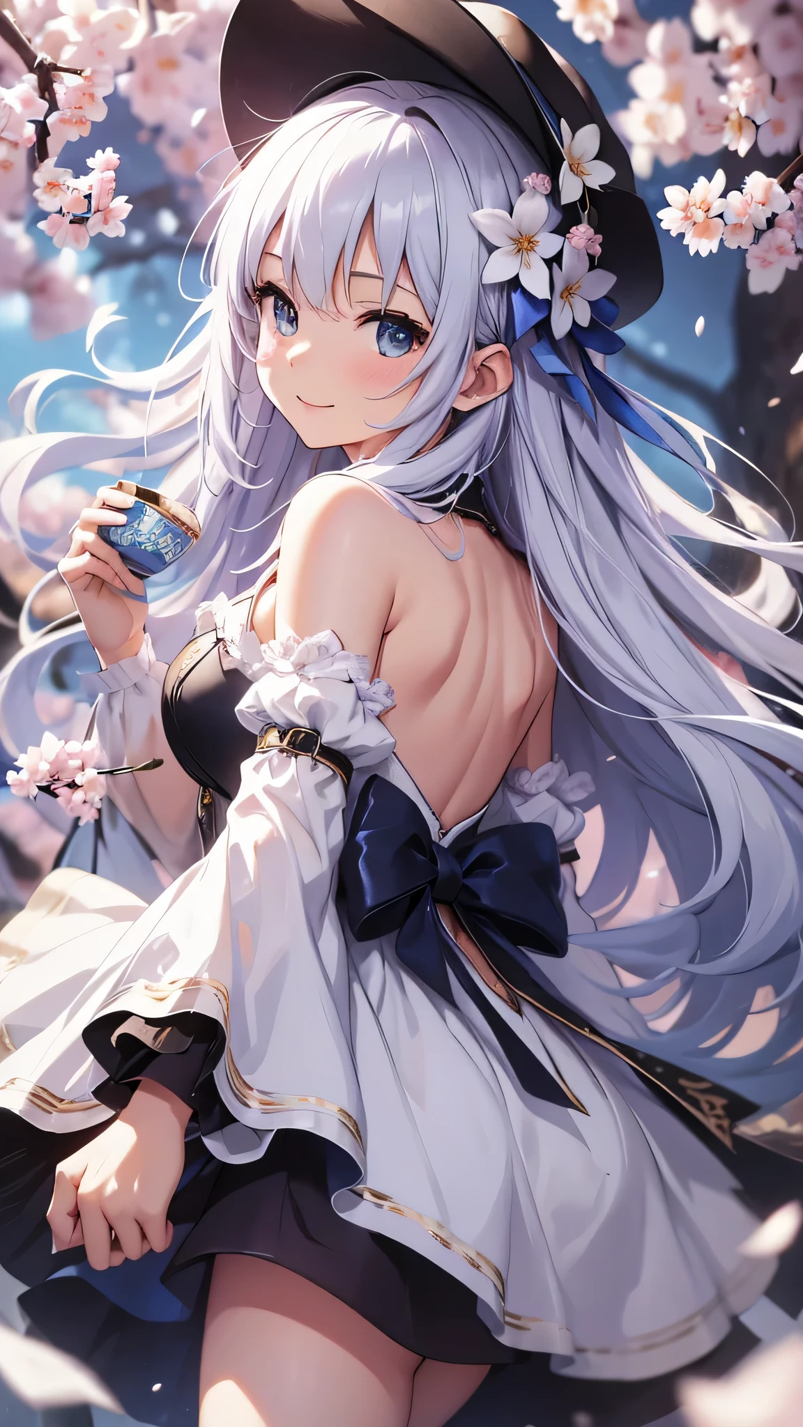 最high quality、best image quality、masterpiece、girl((18-year-old、 By becoming、vest bust、medium bust,wide open breast tea、shining eyes, silver hair、long hair、thin,highest valley、white see-through dress、White short skirt、Wristband、smile、back view、cherry blossom hair ornament、emphasize the buttocks、white underwear)),high quality、beautiful art、background((SakuraFubuki、Falling cherry blossoms、Cherry tree、beautiful park、square、Cherry Meadow、Wind、))、Flight、debris flies、Depth of written boundary、movie、visual art、perfect art、8K,genuine、