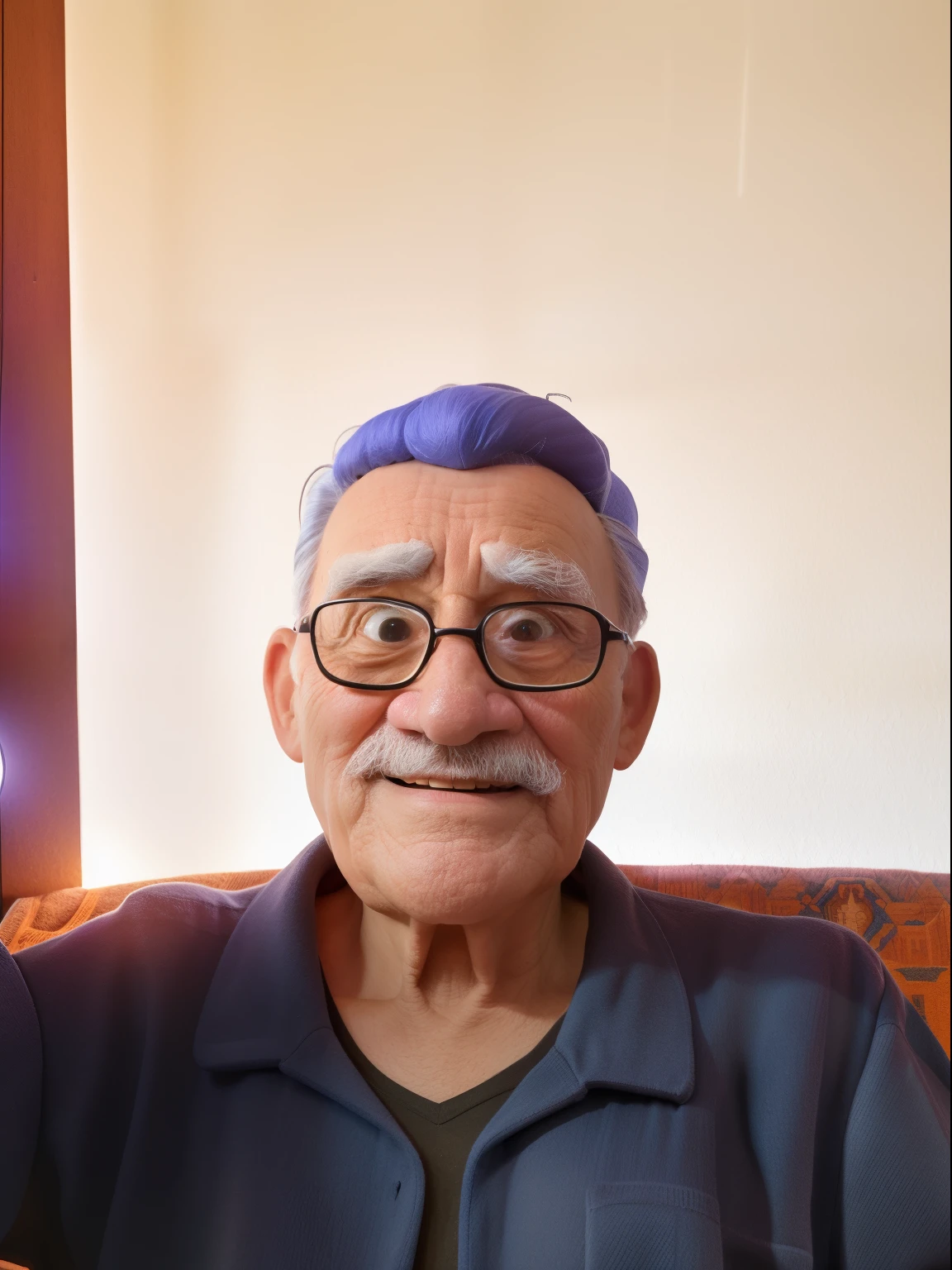 A wise old man standing in front, illuminated by the light of a lamp, contra o pano de f