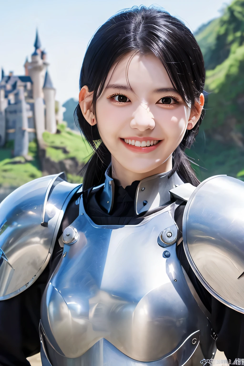 highest quality、4K、The background is a castle、slender body shape、female knight、black hair、smile、beautiful teeth、hairstyle shortcut、ear piercing、full body photo、Luxurious Silver Armor、