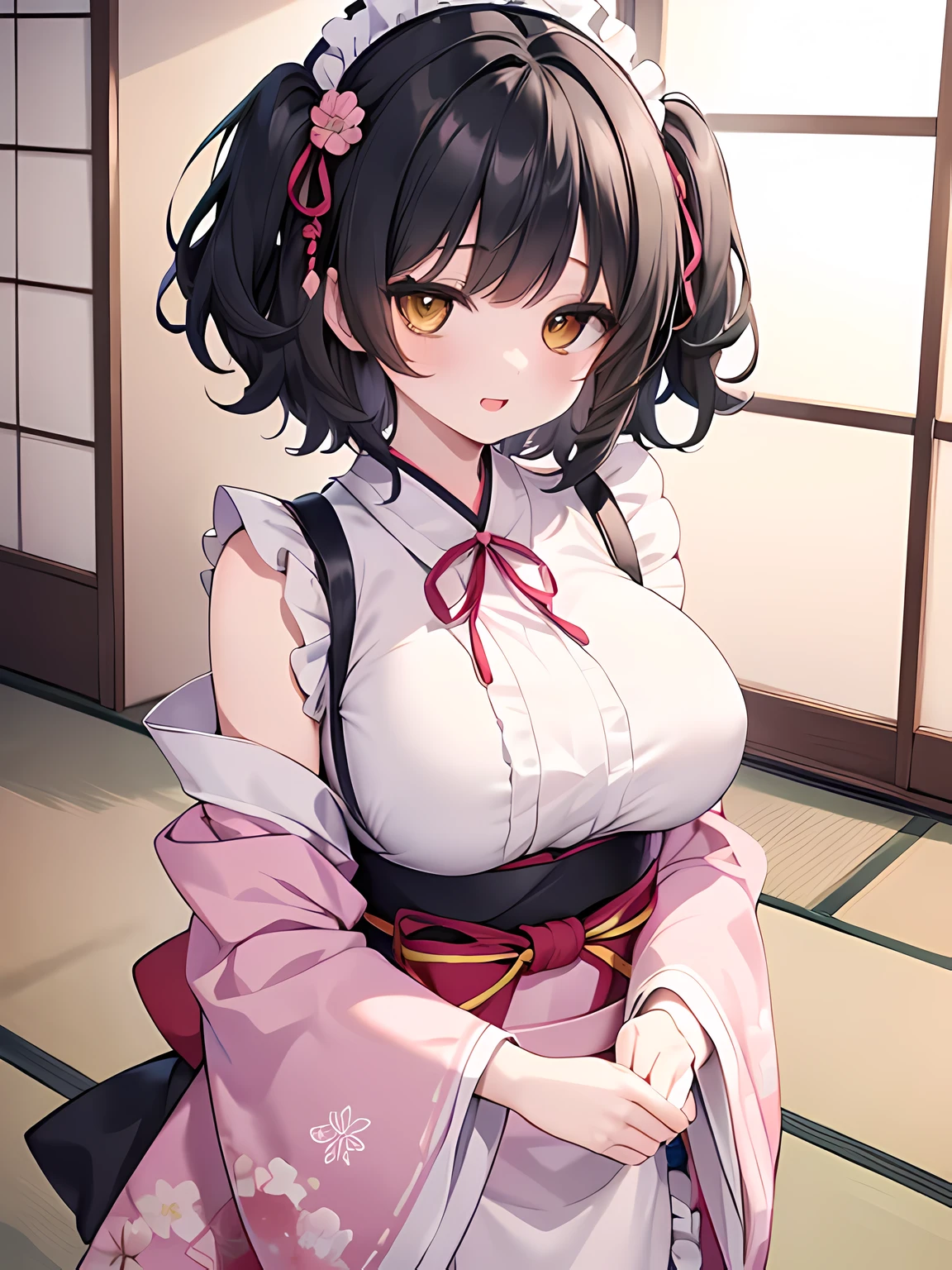 master piece,best quality,(super detail),perfect writing, Highly detailed CG,Super detailed,(highly detailed eyes,very cute face,highly detailed face:1.3),beautiful anime girl,(solo girl),(super huge breasts:1.5),(black hair,short hair,2 side up:1.7),(big yellow eyes:1.5),(low length),jitome,(smile full of joy),open your mouth,break,(Light pink Japanese style maid,Floral kimono,ruffle apron),maid headdress,bell sleeve,off shoulder,Japanese modern cafe,tatami room,Shoji,Are standing,dynamic pose,dynamic angle,(cowboy shot)