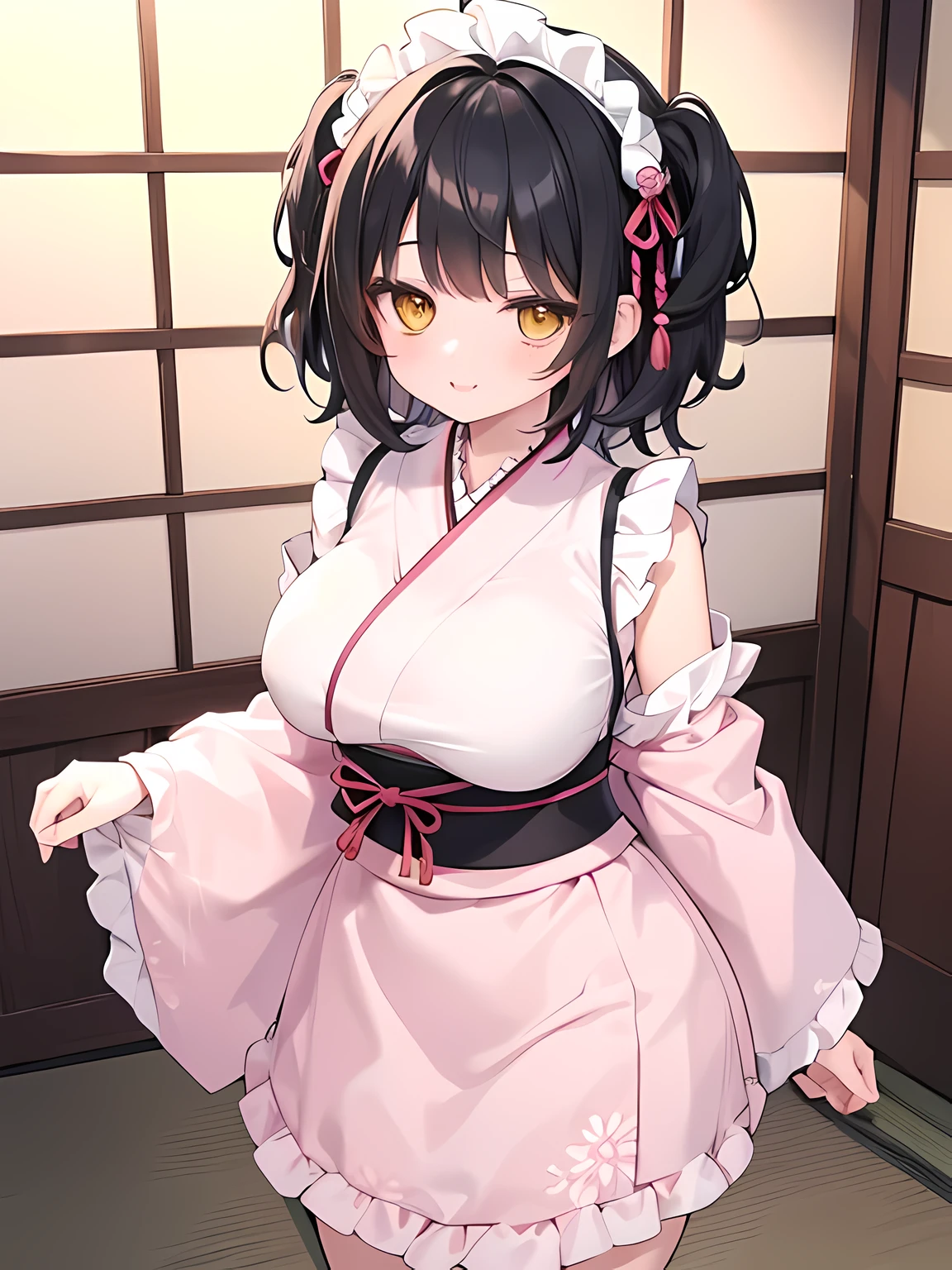 master piece,best quality,(super detail),perfect writing, Highly detailed CG,Super detailed,(highly detailed eyes,very cute face,highly detailed face:1.3),beautiful anime girl,(solo girl),(super huge breasts:1.5),(black hair,short hair,2 side up:1.7),(big yellow eyes:1.5),(low length),jitome,(smile full of joy),open your mouth,break,(Light pink Japanese style maid,Floral kimono,ruffle apron),maid headdress,bell sleeve,off shoulder,Japanese modern cafe,tatami room,Shoji,Are standing,dynamic pose,dynamic angle,(cowboy shot)