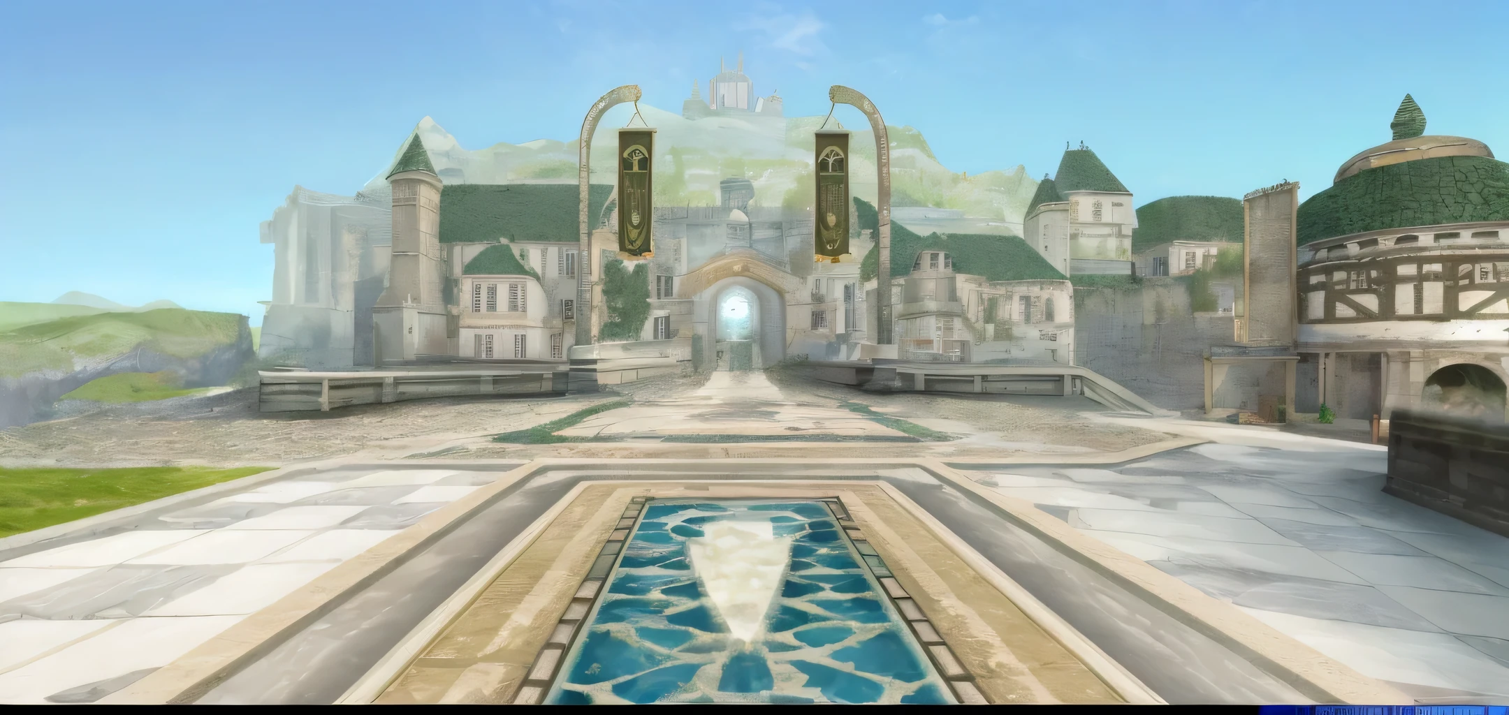 Hyper realistic,highly detailed, highly quality,there is a large castle, a wide open courtyard in an epic, stunning arcanum backdrop, beautiful screenshot, elven city, entrance to ethereal realm, town center background, rivendell, elven palace of ghemathar, hyrule, the entrance of valhalla, near crystal temple in atlantis