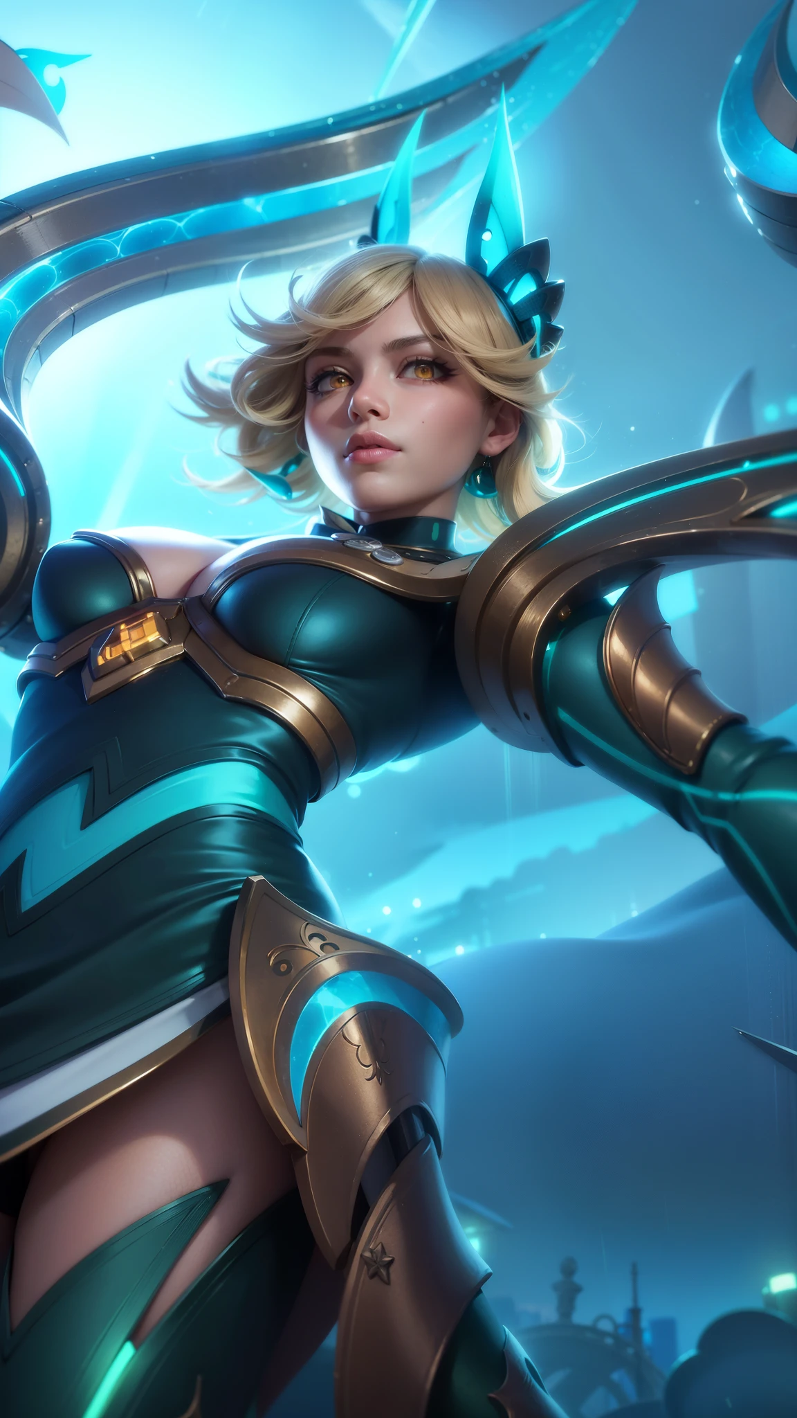 (female:1.2), 8k, ultra hd, ultra detailed texture, hyper realistic, masterpiece, detailed texture, detailed face, detailed skin, detailed lighting, (photorealistic:1.5), best quality, beautiful lighting, cinematic lighting, professional lighting, ultra highres, realistic, detailed hair, real hair, high quality, (realskin:1.5), extremely detailed, finely detail, ultra-detailed, 1girl, solo, floating, (yellow eyes:1.5), fire eyes, glowing eyes, black lips, v-shapped eyes, closed mouth, angry, colored skin, dark skin, purple skin, nose, pretty, beautiful, make up, evil smile, short hair, blonde hair bangs, large breasts, thigh, pauldrons, black pants, belt, purple coat, mechanical wings, armor shoulder, gloves, eudora \(mobile legends\), depth of field, looking aways, skin tight, amazing pose, glowing electric, lighting, cinematic background