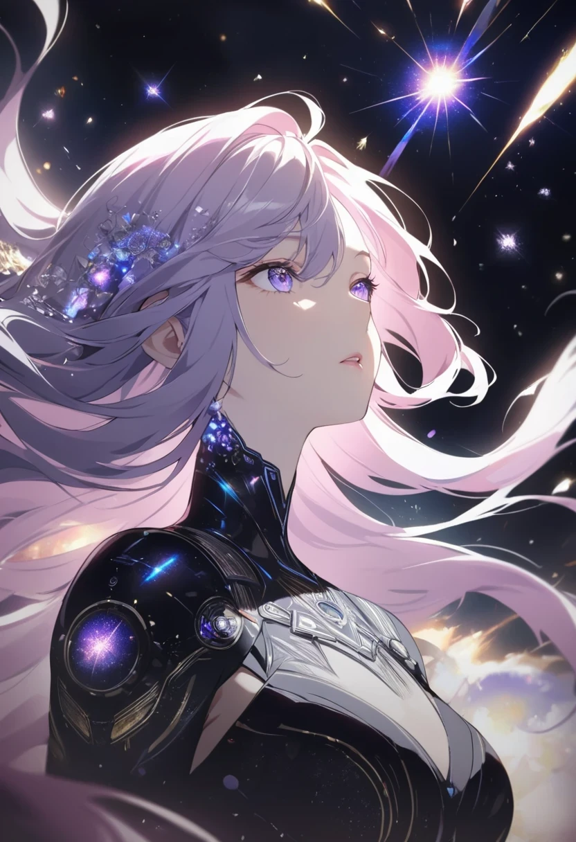 A girl standing alone, in the midst of a supernova explosion. The scene is a masterpiece, created with the best quality to capture every detail. The girl is the focal point, with long, flowing hair and a graceful pose. Her eyes are beautifully detailed, capturing the intensity of the exploding stars. Her lips, also detailed, add a sense of serenity and determination to her expression. The explosion of the supernova creates vibrant colors, with vivid blues, purples, and pinks dominating the scene. The lighting is dramatic, with rays of light illuminating the girl and highlighting the fine details of her face. This artwork combines the elements of sci-fi and portrait, creating a visually stunning and captivating image.