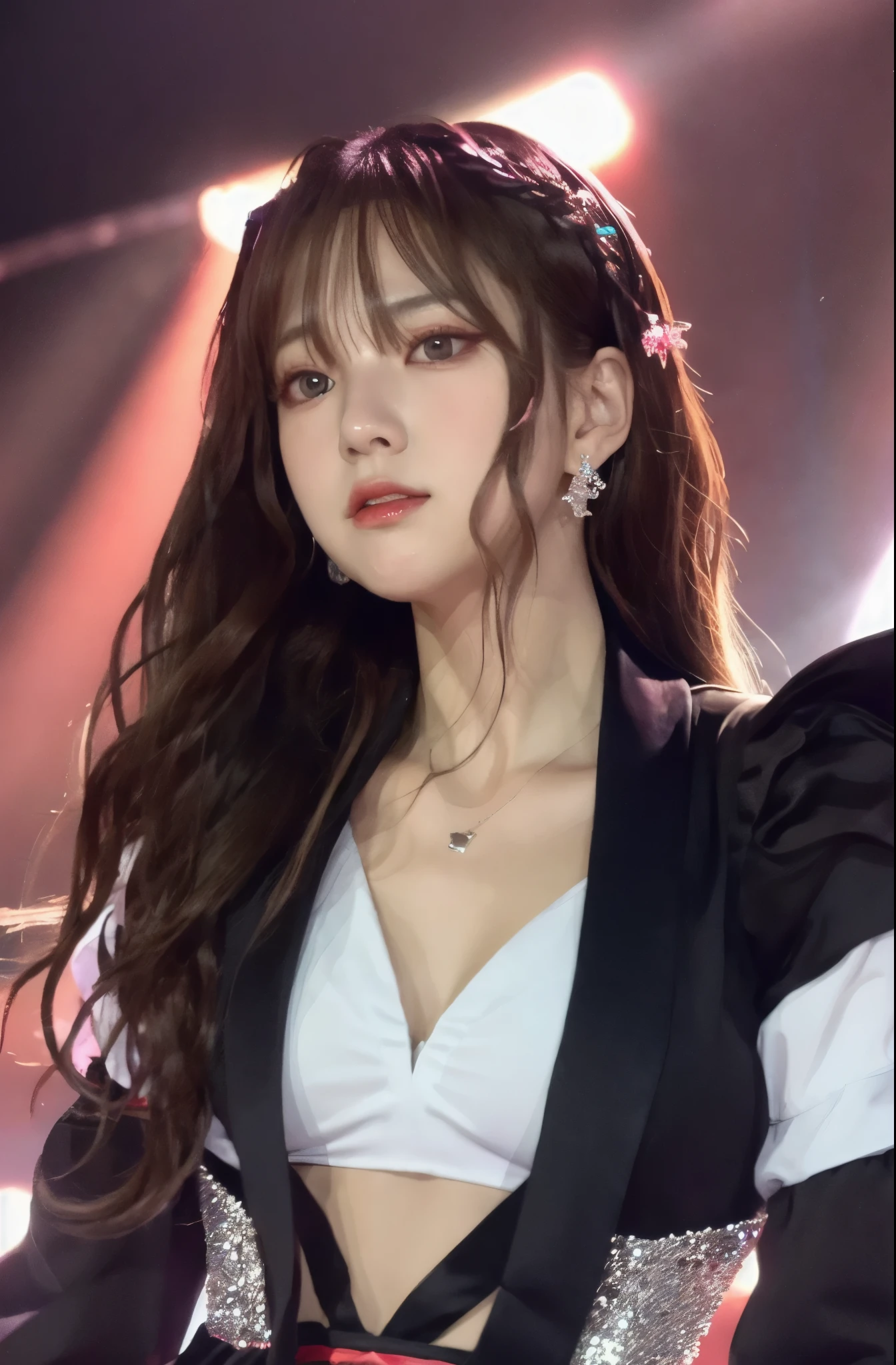 masterpiece、highest quality、super detailed face、super detailed hair、detailed eyes、idol costume、singer、Korean idol type、upper part of the body、stage、Soio、looking at the camera