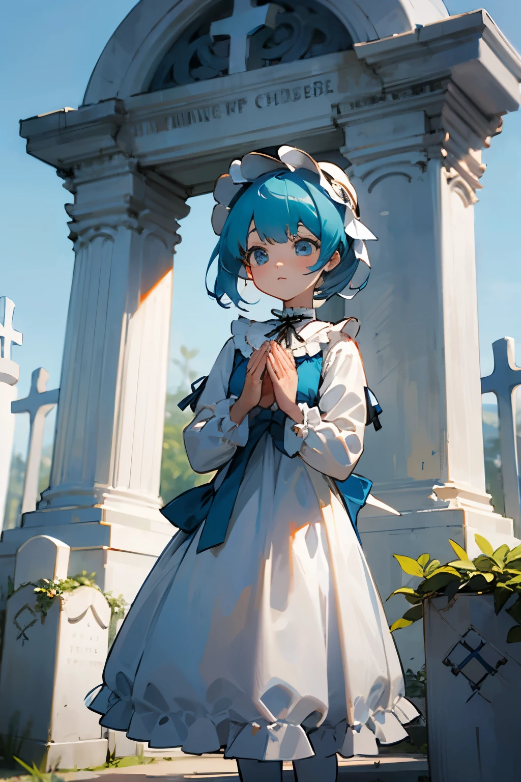 Tiffany Blue Hair, white lolita clothes,frills,cross,Outsider cemetery,pray