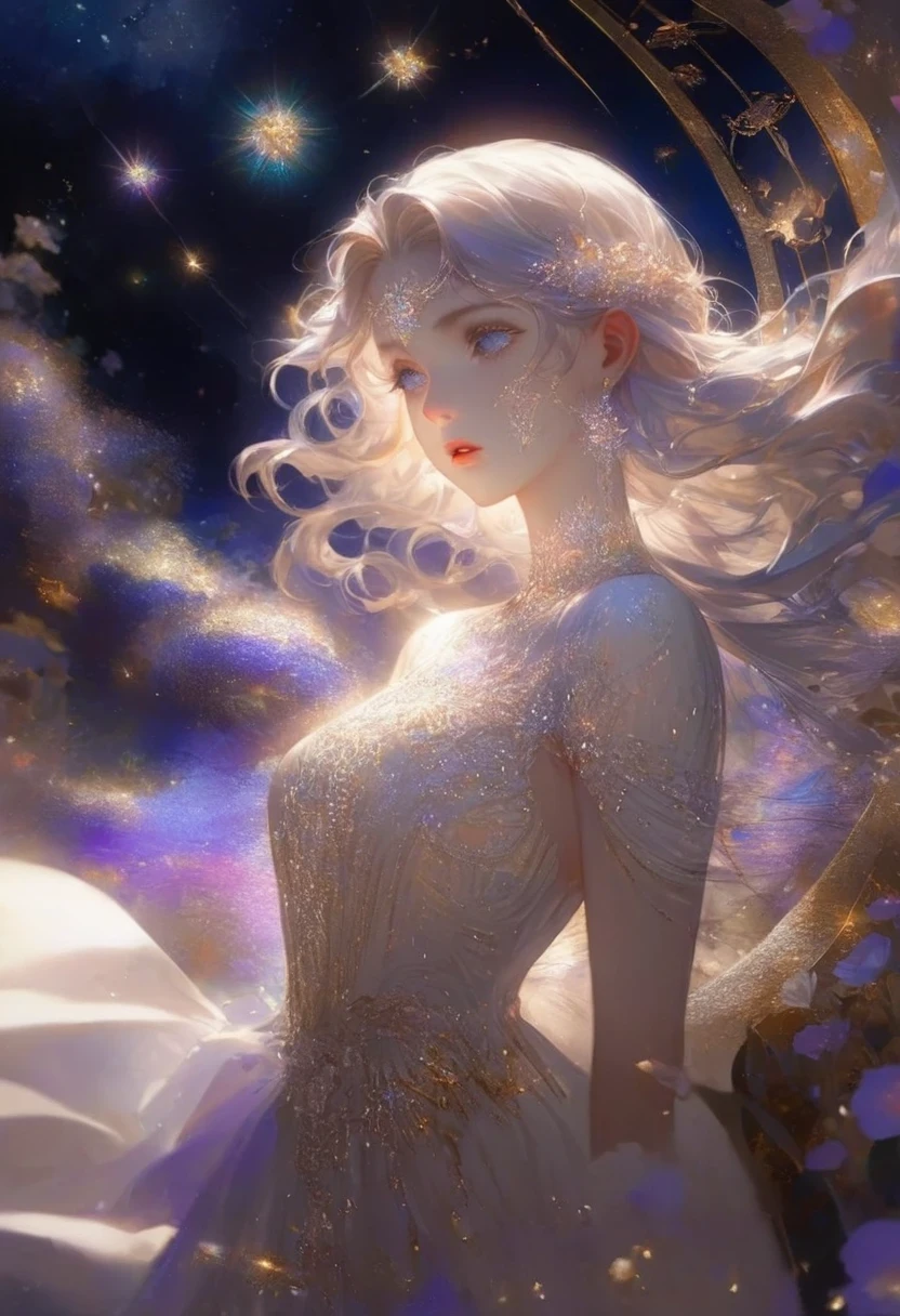 A girl standing alone under the starry night sky, with her silhouette illuminated by the soft moonlight and twinkling stars. Her face is beautifully detailed, with mesmerizing eyes that seem to reflect the universe itself, long and fluttering eyelashes, and exquisitely defined lips. She is dressed in an elegant gown, flowing and ethereal, embracing her figure gracefully as it glimmers with a subtle celestial glow. The intricate details of her dress catch the faint starlight, creating a mesmerizing sparkle. The surrounding landscape showcases a serene garden, lush with vibrant foliage and colorful flowers. The air is filled with a gentle breeze, causing the leaves to rustle and the flowers to sway delicately. The garden is bathed in a warm, dreamy color palette, with hues of deep blues, purples, and hints of silver. The atmosphere is calm and tranquil, evoking a sense of peace and serenity. The artwork is of the highest quality, meticulously created with ultra-detailed brushstrokes and precise attention to every element. The texture and depth of the painting are breathtaking, with a sense of realism and photorealism that captures the awe-inspiring beauty of the night sky. The lighting is soft and diffused, casting a gentle glow over the entire scene, enhancing the magical ambiance. The girl's presence radiates a sense of mystery and wonder, as if she holds a secret connected to the celestial beings above. The overall composition evokes a feeling of timelessness and captures the essence of a StarSign, an artwork that embodies the celestial beauty and inner strength of a girl in harmony with the stars.