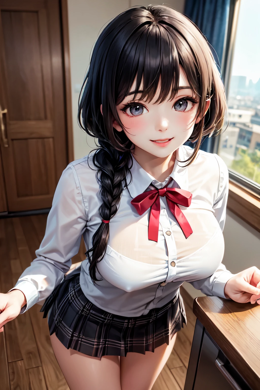 very cute and beautiful girl,(highly detailed beautiful face),white blouse,ribbon,(pleated plaid mini skirt),
standing,skirt lift,laced white panties,(smile),blush,looking at viewer,black hair,twin braid,wooden classroom,
(best quality,masterpiece:1.0),absurdres,highres,ultra-detailed,extremely detailed,32k,8k resolution,
intricate details,cinematic scene,detailed background,solo,dynamic angle,