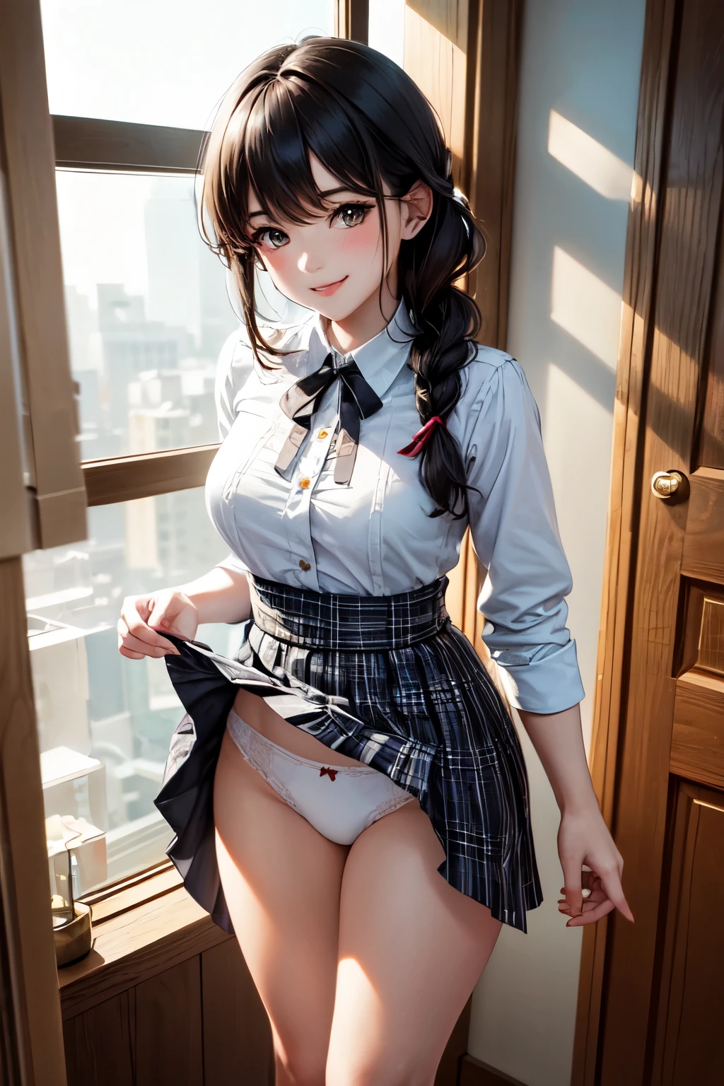 very cute and beautiful girl,(highly detailed beautiful face),white blouse,ribbon,(pleated plaid mini skirt),
standing,skirt lift,laced white panties,(smile),blush,looking at viewer,black hair,twin braid,wooden classroom,
(best quality,masterpiece:1.0),absurdres,highres,ultra-detailed,extremely detailed,32k,8k resolution,
intricate details,cinematic scene,detailed background,solo,dynamic angle,