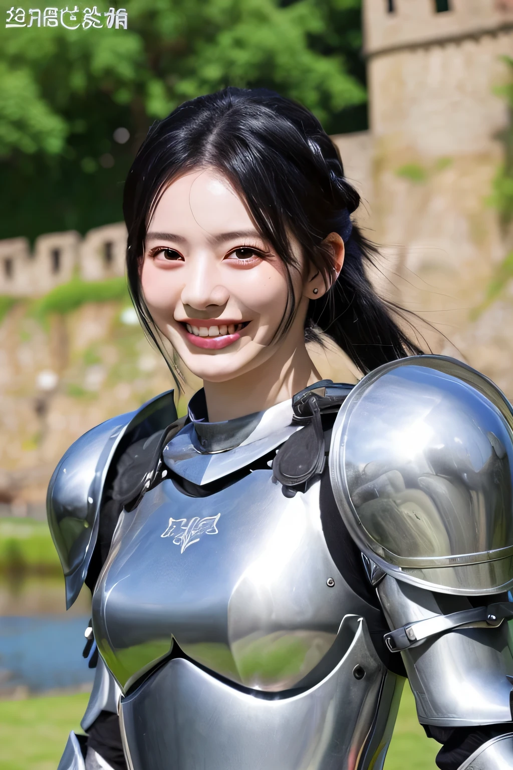 highest quality、４Ｋ、The background is a castle、slender body shape、female knight、black hair、smile、beautiful teeth、hairstyle shortcut、ear piercing、full body photo、Luxurious Silver Armor、