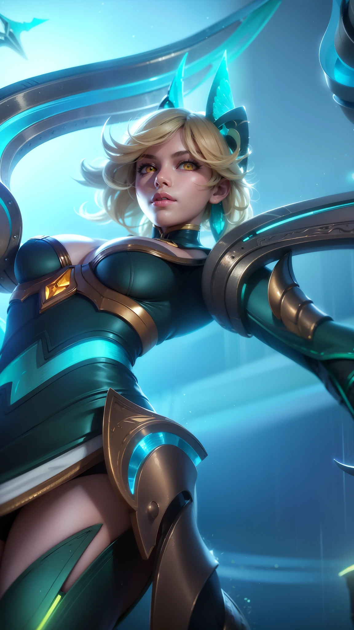 (female:1.2), 8k, ultra hd, ultra detailed texture, hyper realistic, masterpiece, detailed texture, detailed face, detailed skin, detailed lighting, (photorealistic:1.5), best quality, beautiful lighting, cinematic lighting, professional lighting, ultra highres, realistic, detailed hair, real hair, high quality, (realskin:1.5), extremely detailed, finely detail, ultra-detailed, 1girl, solo, floating, (yellow eyes:1.5), fire eyes, glowing eyes, black lips, v-shapped eyes, closed mouth, angry, colored skin, dark skin, purple skin, nose, pretty, beautiful, make up, evil smile, short hair, blonde hair bangs, large breasts, thigh, pauldrons, black pants, belt, purple coat, mechanical wings, armor shoulder, gloves, eudora \(mobile legends\), depth of field, looking aways, skin tight, amazing pose, glowing electric, lighting, cinematic background