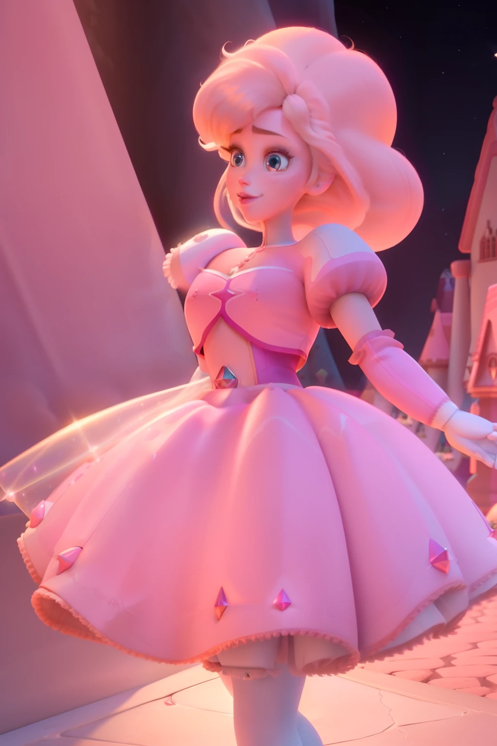 pnkdamond, pink hair, pink eyes,  big hair,  stomach gem,  pink skin,  toned, 
puffy short sleeves, elbow gloves ,  white thighhighs,   puffy dress, 
standing, upper body, 
 outerspace,  
(insanely detailed, beautiful detailed face,beautiful detailed eyes, masterpiece, best quality) cinematic lighting,  smile, 
 