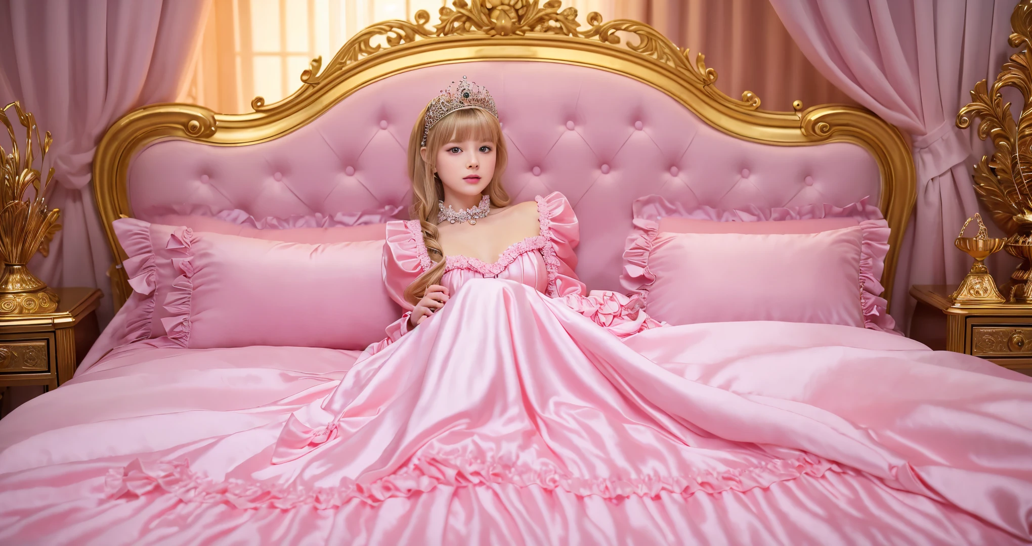 ,highest quality, masterpiece, highest resolution, artwork, super それにget used to it, many get used to it, get used to it, それにget used to it, 3K realistic photos,,(( 10 year old little girl)),Super detailed baby face,She is a princess,Full length ball gown dress with hoop skirt,ruffle yoke collar,puff sleeves,long sleeve,((lolita style hot pink princess satin dress、Comes with lots of frills and ribbons。)),colorful rococo fashion,shiny satin dress,Soft and smooth fabric,luxury,long blonde hair,blue eyes,white skin european,pajamas,((inside the palace)),,,(( When I was 10 years old)),Super detailed baby face,Full length ball gown dress with hoop skirt,long skirt,ruffle yoke collar,puff sleeves,腰まで伸びるlong blonde hair,blue eyes,white skin european,pajamas,((inside the palace bedroom)),ピンクのシルクサテンのluxuryなcanopy bedの上,canopy bed,Luxurious curtains on both sides of the bed,many frilly pillows on the bed,super detailed background,detailed bed,romantic atmosphere,little princess is lying on the bed,hug a pink pillow,((((Both legs are hidden in the dress)))),the dress is spread out on the bed,soft pink silk satin comforter,soft silk satin ruffled pillow,Beautiful girl illustration,detailed beautiful face detailed hair,detailed human eye ,detailed mouth, arm details,fine hands,Detailed pillow,