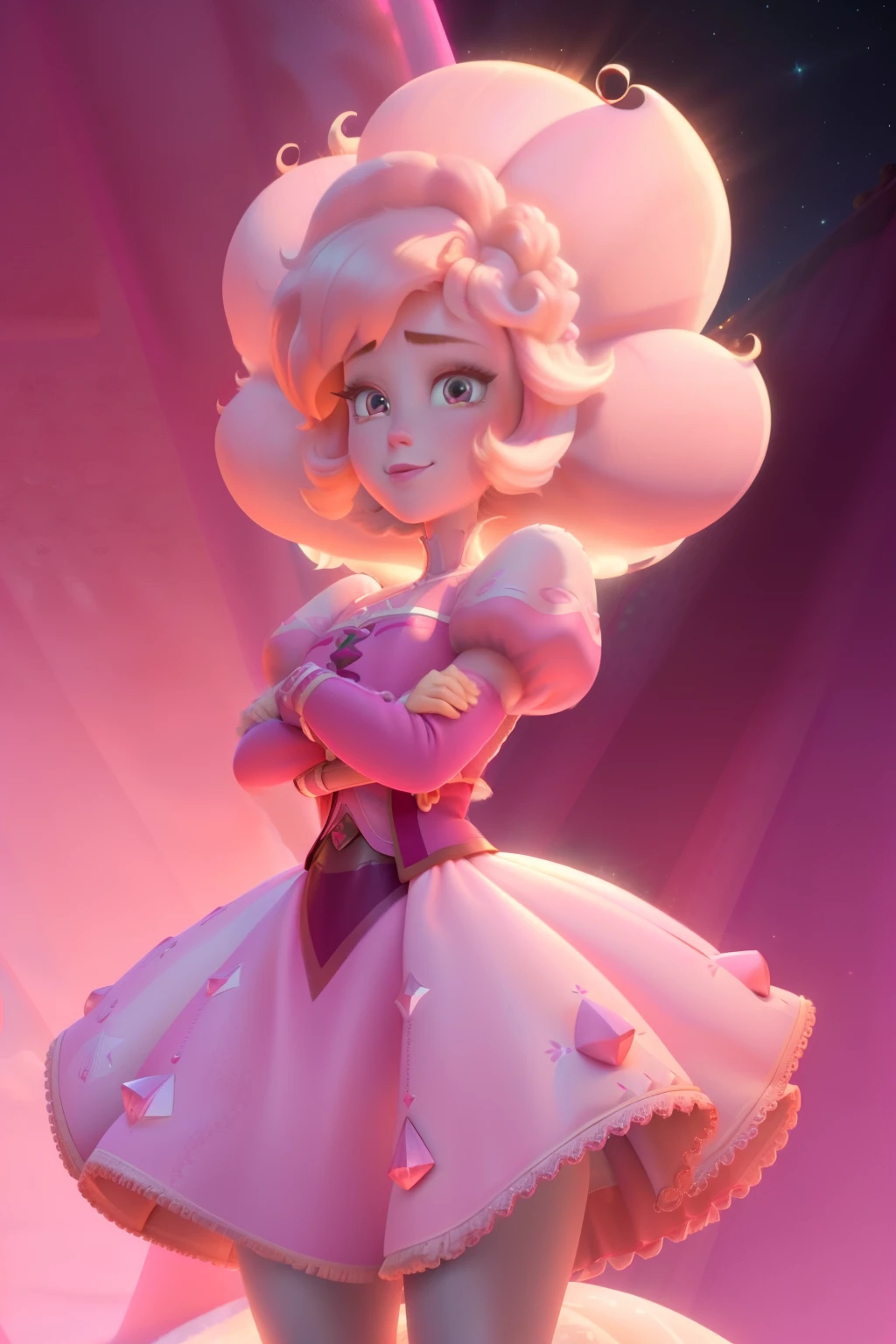 pnkdamond, pink hair, pink eyes, big hair, stomach gem, pink skin, toned,
puffy short sleeves, elbow gloves , white thighhighs, puffy dress,
standing, upper body,
outerspace,
(insanely detailed, beautiful detailed face,beautiful detailed eyes, masterpiece, best quality) cinematic lighting, smile,