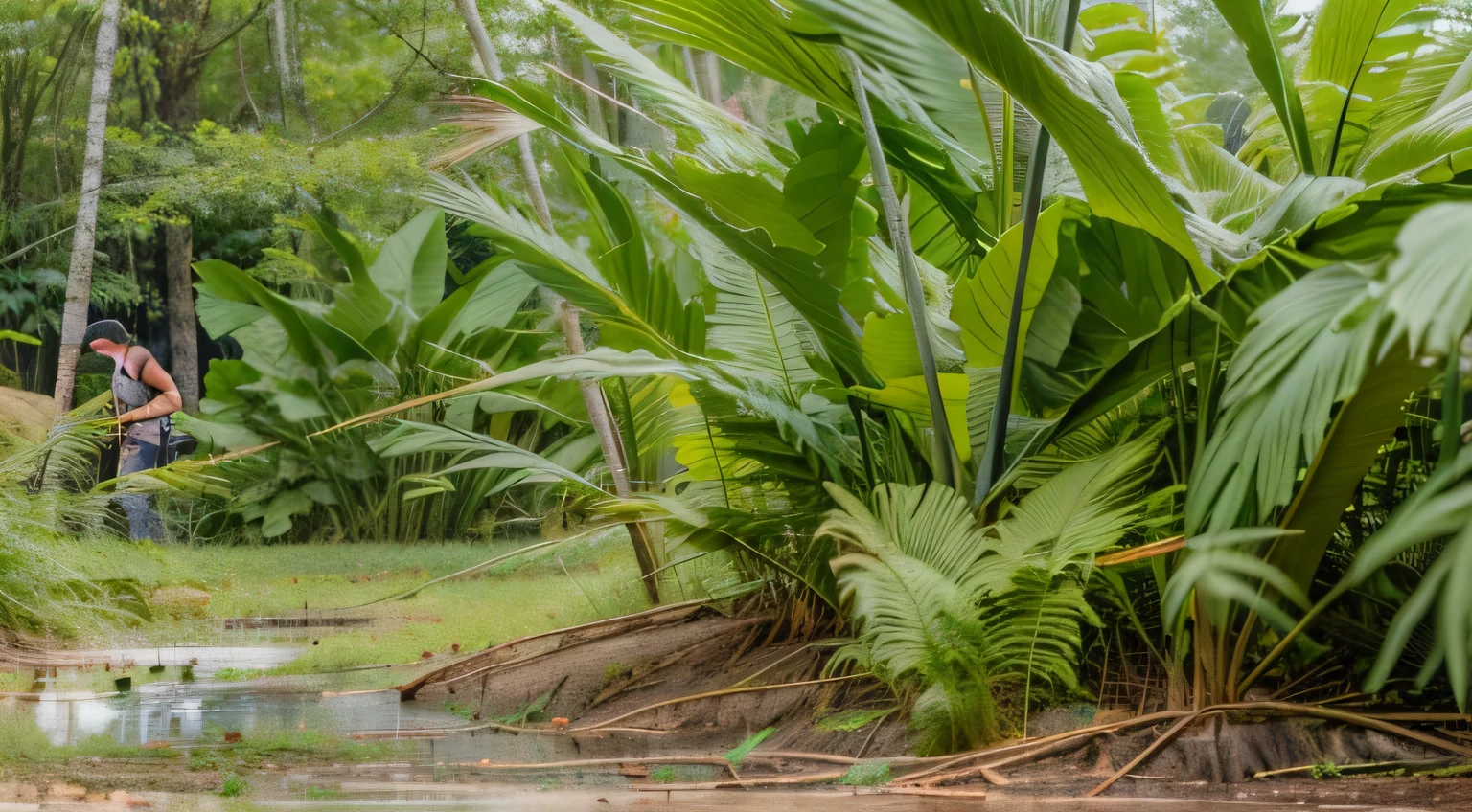 a field of tall grass, big leaves and stems, bullrushes, large plants in the background, long thick grass, there is tall grass, big leaves foliage and stems, dense thickets on each side, lot of vegetation, giant pig grass, tall plants, malayalis attacking, phragmites, jungle in background