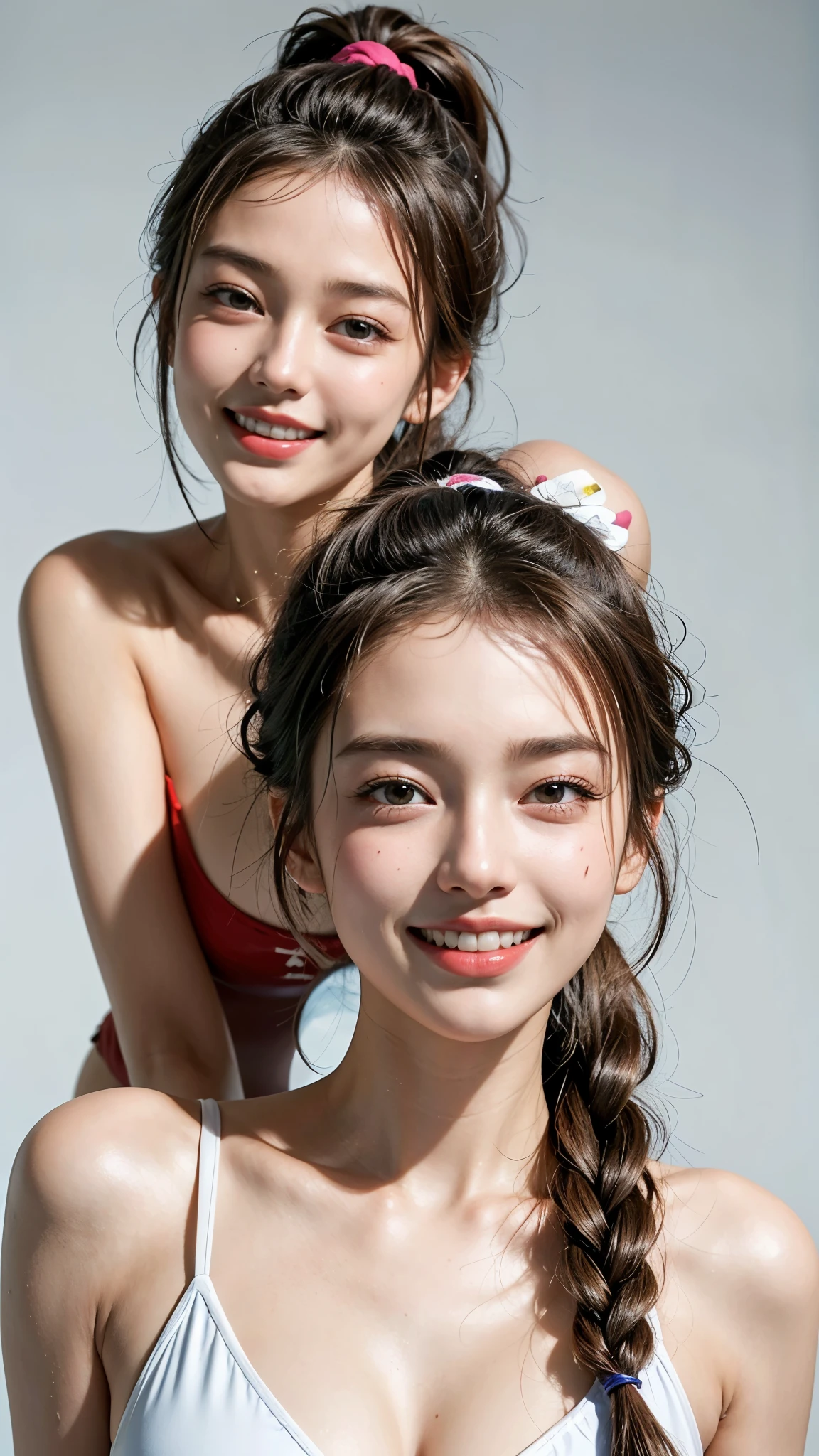 highest quality, masterpiece, ultra high resolution, (realistic:1.4), (portrait facing each other) Raw photo, 1 girl, 20-year-old,((sexy one piece swimsuit)),((ponytail and hair tie)),((look up at the audience)),realistic,((random background)), picture media chest)),((toothy smile)),