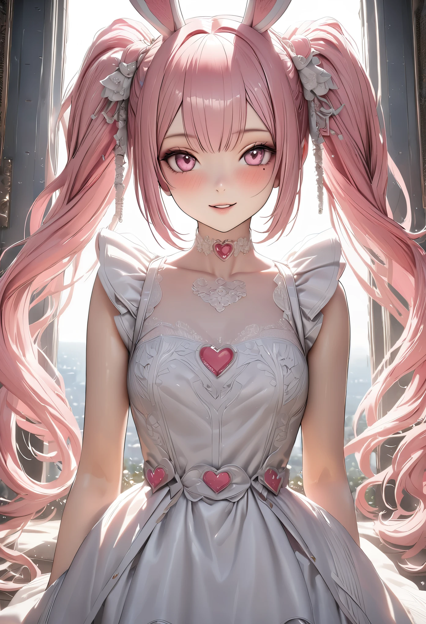 Top quality, best quality, super detailed, hi-res, high resolution, HDR, 4k, 8k, unity 8k wallpaper, highly detailed CG, masterpiece, realistic, photorealistic, 2D, 3D, beautiful details, depth, fine textures , ultra-fine: 1.3, fully focused, crispy.skin, .berak,
Very cute anime girl with pigtails hair in a pink bun dressed like a doll, smile,one girl,Her name is Mira, solo, pink hair, animal ears, mole under the eyes, looking at viewer, dress, blush, white Dress, mole, bunny ears, parted lips, hair ornament, heart, pink eyes, choker