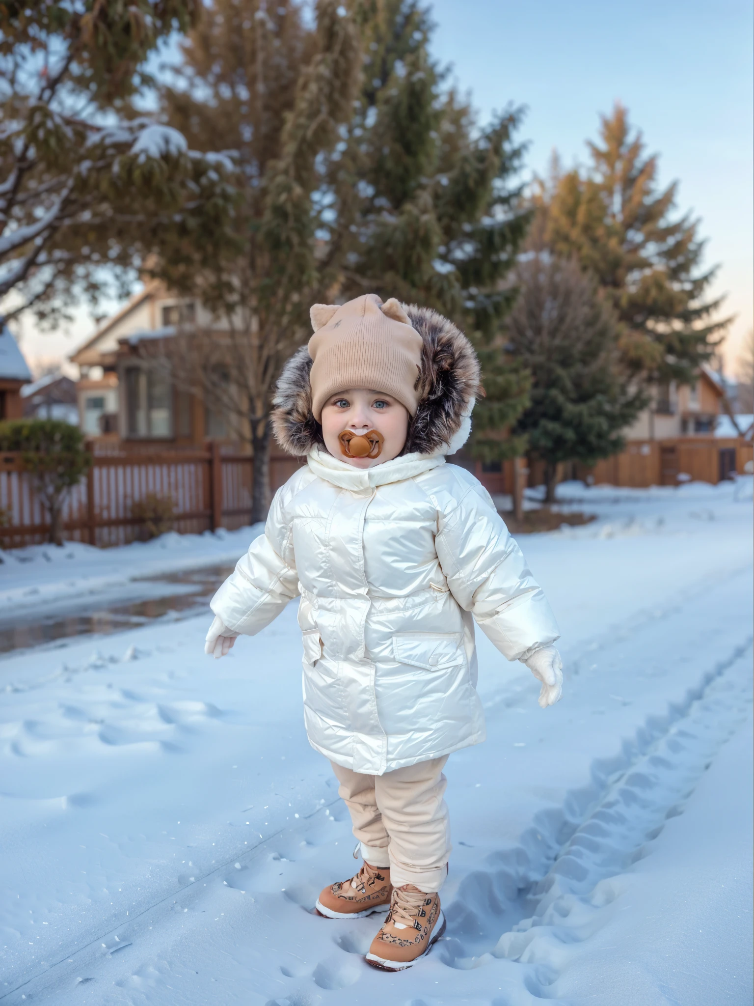 Small , standing in the snow, in a jacket, in a fur coat, against the background of houses and trees, realistically, high quality, 8 k