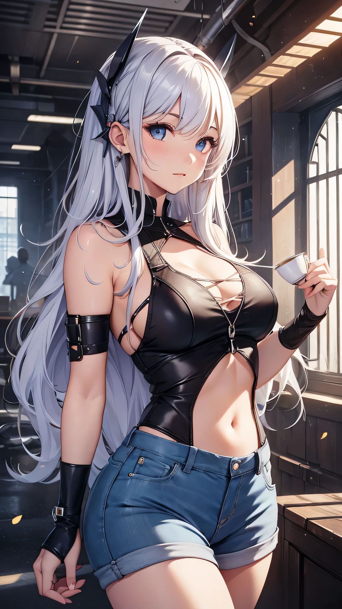 最high quality、best image quality、masterpiece、girl((18-year-old、 By becoming、vest bust、medium bust,wide open breast tea、shining eyes, silver hair、long hair、thin,highest valley、white tank top、blue pants、Wristband、brown skin)),high quality、beautiful art、background((Dark Research Facility、aisle、broken wall))、Flight、debris flies、Depth of written boundary、movie、visual art、perfect art、8K,genuine、