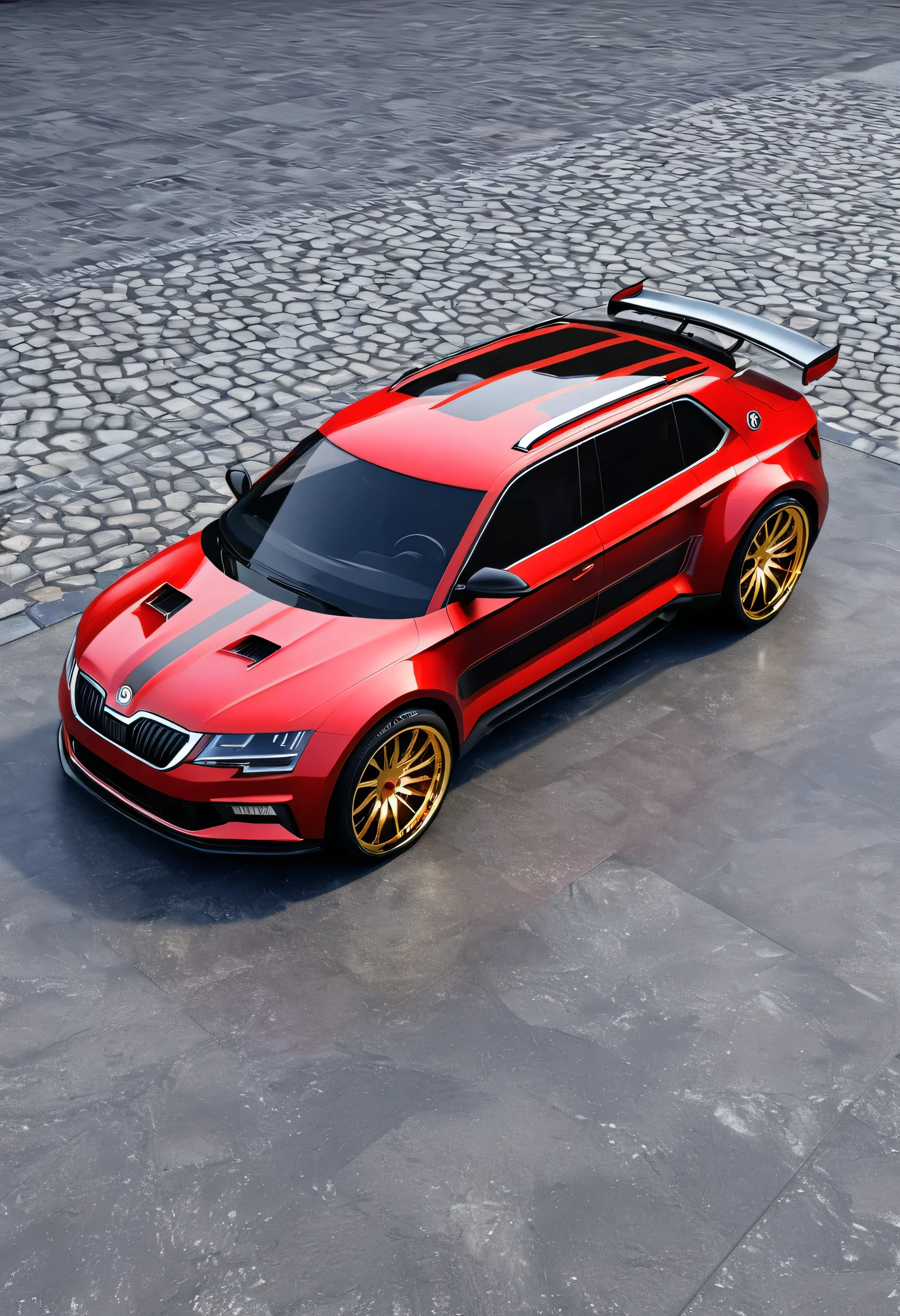 Hyperrealism Frontside Škoda Tudor 2004 concept racing car with extreme big tuning big offroad wheels concept sport special with stripe in black color on car in tuning dyzajn super car line supersport concept in light crystalic velvet red and extreme super magic space light Polar white and night briliant black light chameleon colors, 24K gold shiny rims, detail realistic picture in HD nice beautifull colors. Standing on Šatovská pavement in a black marble showroom.