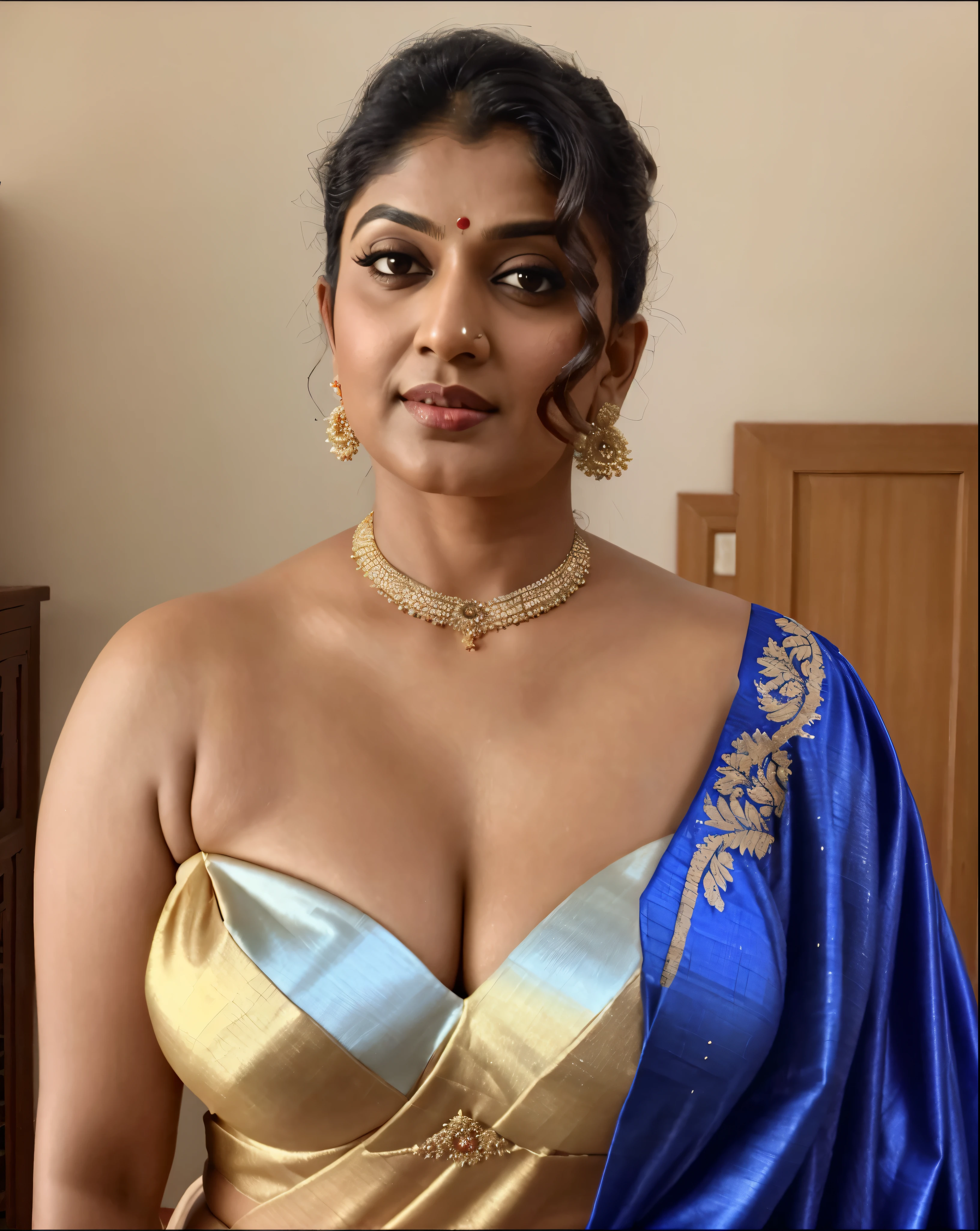 Wearing a sexy satin saree with strapless Bra, sexy Indian housewife, Looks like Indian Actress Nayanthara, actress Nayanthara, mallu, mallu aunty, desi aunty, full figured mature beauty,  sweaty skin , shining skin, sweat, attractive figure, 48 years old, spicy hot, desi milf, desi aunty, a close up of a woman in a red dress in a bedroom, inspired by Avigdor Arikha, sleek!!!, indian super model, wavy hair combed to one side, actress, by Jitish Kallat, smoldering, intense smoldering, fashion, an angel, print ready, with a dramatic looking, inspired by Sudip Roy, seductive look, sexy Saree queen, sexy Saree fashion, seductive Saree,  wear saree, sizzling hot Beauty, red juicy lips, 