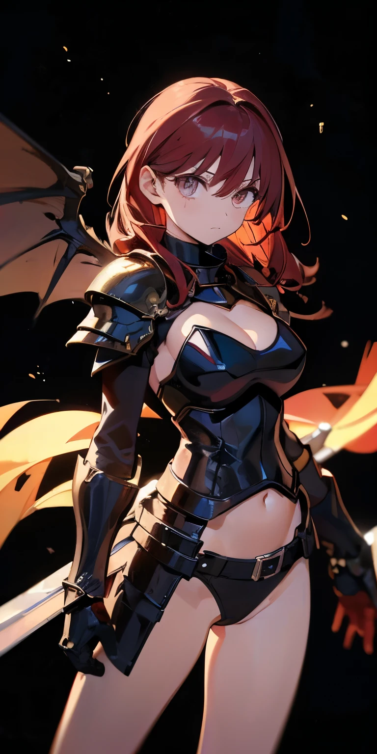 (masterpiece), (highest quality), (beautiful eyes and face), (perfect female body),hollow eyes 1 girl, alone, red hair,, brown eyes,big breasts,
Black armor,devil's armor,wing,belly button,abdomen, Uplifting,swing a sword,hold a sword,
black background,under the stars