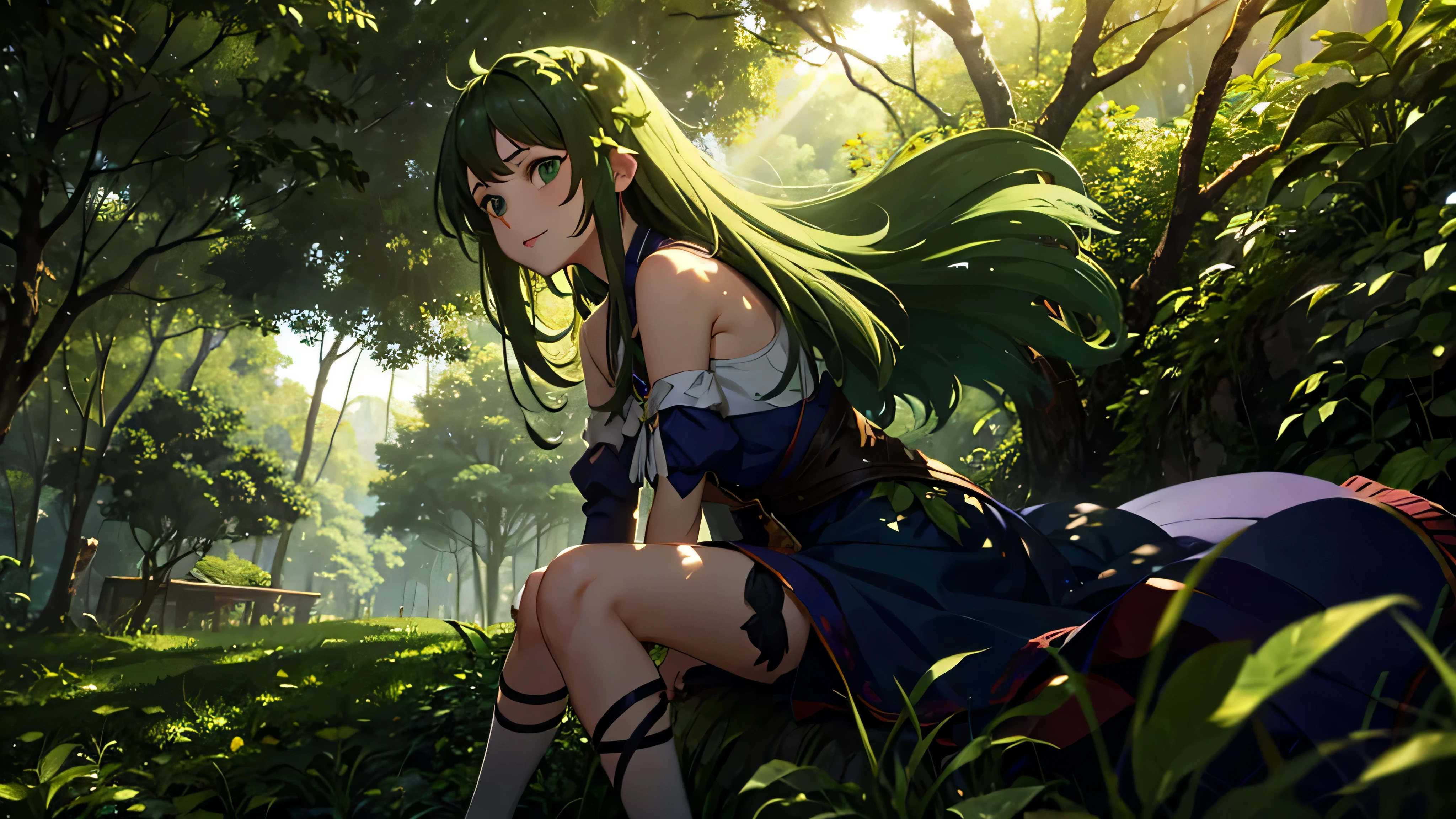 Generate an image of a girl personified with green leaf-like features sitting on a leaf. She is airborne, riding the wind with shoulder-length hair, smiling. The background should be a daytime forest setting. The perspective should be a long shot from a side angle.