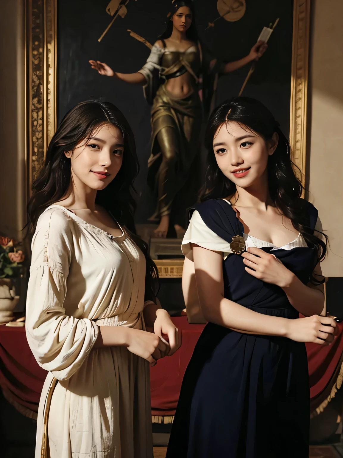 full body portrait or statue、Giorgione painting style,Arguments of two female Philosophe,math、astronomical machine、astronaut、roses in vase、fruits、Cute trinkets、smile、ancient greek costume、Ancient Roman landscape in the style of Nicolas Poussin,laughter,,Sweet and seductive appearance.、Caravaggio's paintings、Chiaroscuro of Caravaggio、hair tousled by the wind,Two women frolicking,cute smile, expression of ecstasy,Sexy,erotic