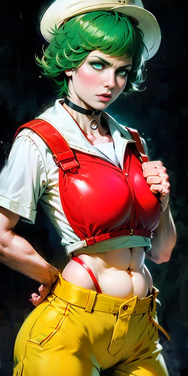 ((black background)) Tatsumaki kneel on WHITE sheet, short bob hair green hair, GREEN EYES, _uniform,yellow hat,red school bag, leather choker collar slave , (hands on hips, clenching fist 👊 ✊️)