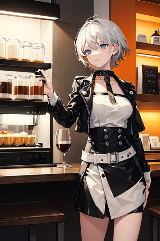 1girl, solo, A girl with short blond hair and blue eyes, dressed in a black leather jacket and white T-shirt,Ultra-high resolution fills the picture，Indoor at night，Orange color scheme for the café,There was coffee and wine,the night,inside in room，medium hair,stylish room, oblique angle,high quality, amount of drawing,Coffee machine,Coffee lockers,Orange neon color scheme,Silver-white hair，Very stylish café,Cafe at night,Ray gorgeous,Have food,Laugh happily,Silver-white hair，Black fashion clothing，Orange and black matching outfits,boxer