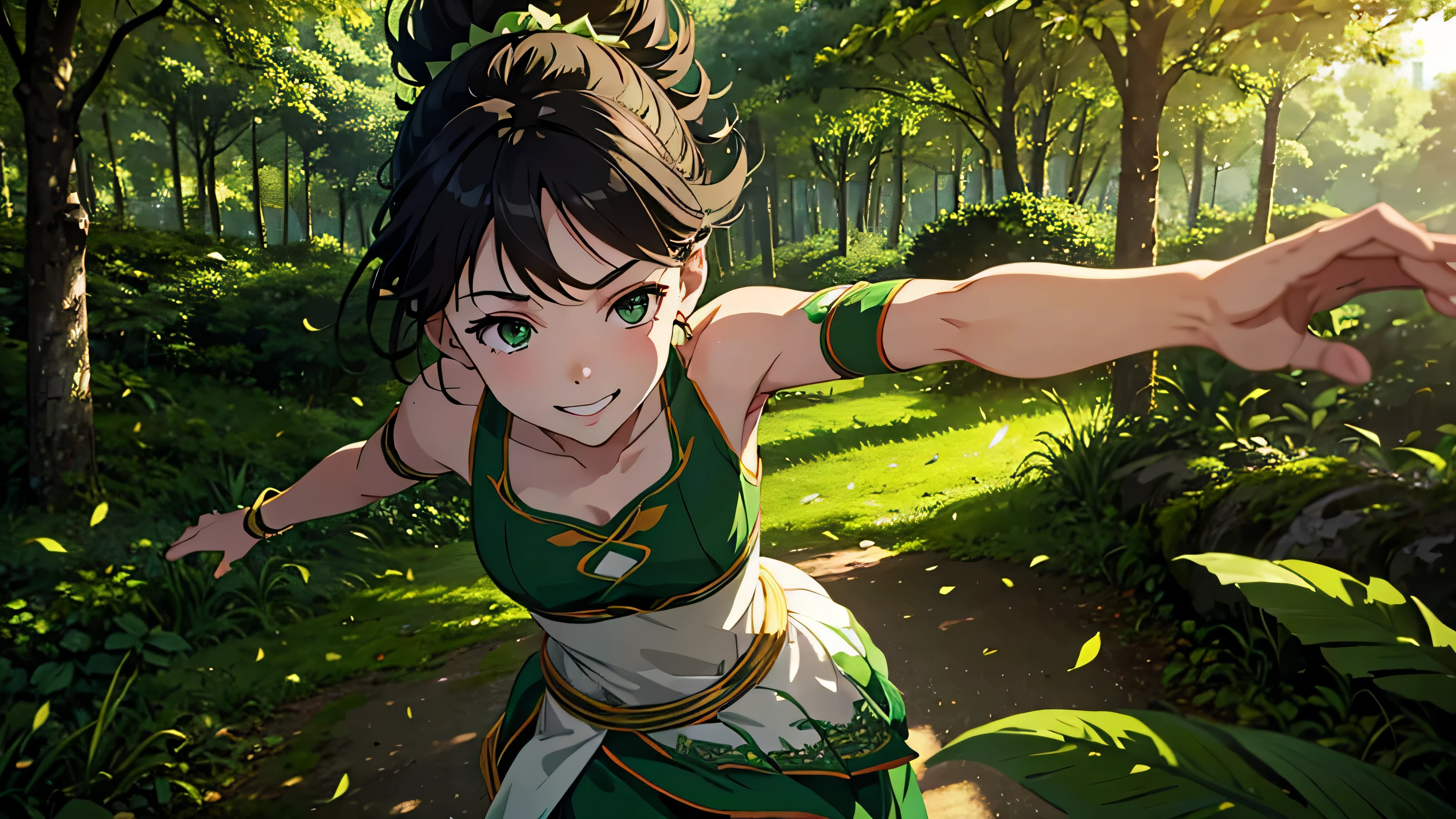 Generate an image of a girl personified with green leaf-like features, running with hair up to her neck. The perspective should be a bust shot, with leaves dancing around her. She is smiling, and the background should depict a daytime forest setting.