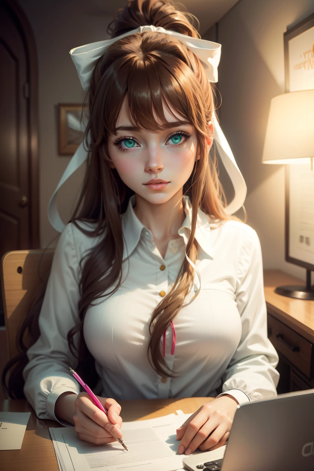 monika, green eyes, brown hair, very long hair, ponytail, hair ribbon, white ribbon sleeping resting recline on desk studying dj decks neon color lofi color