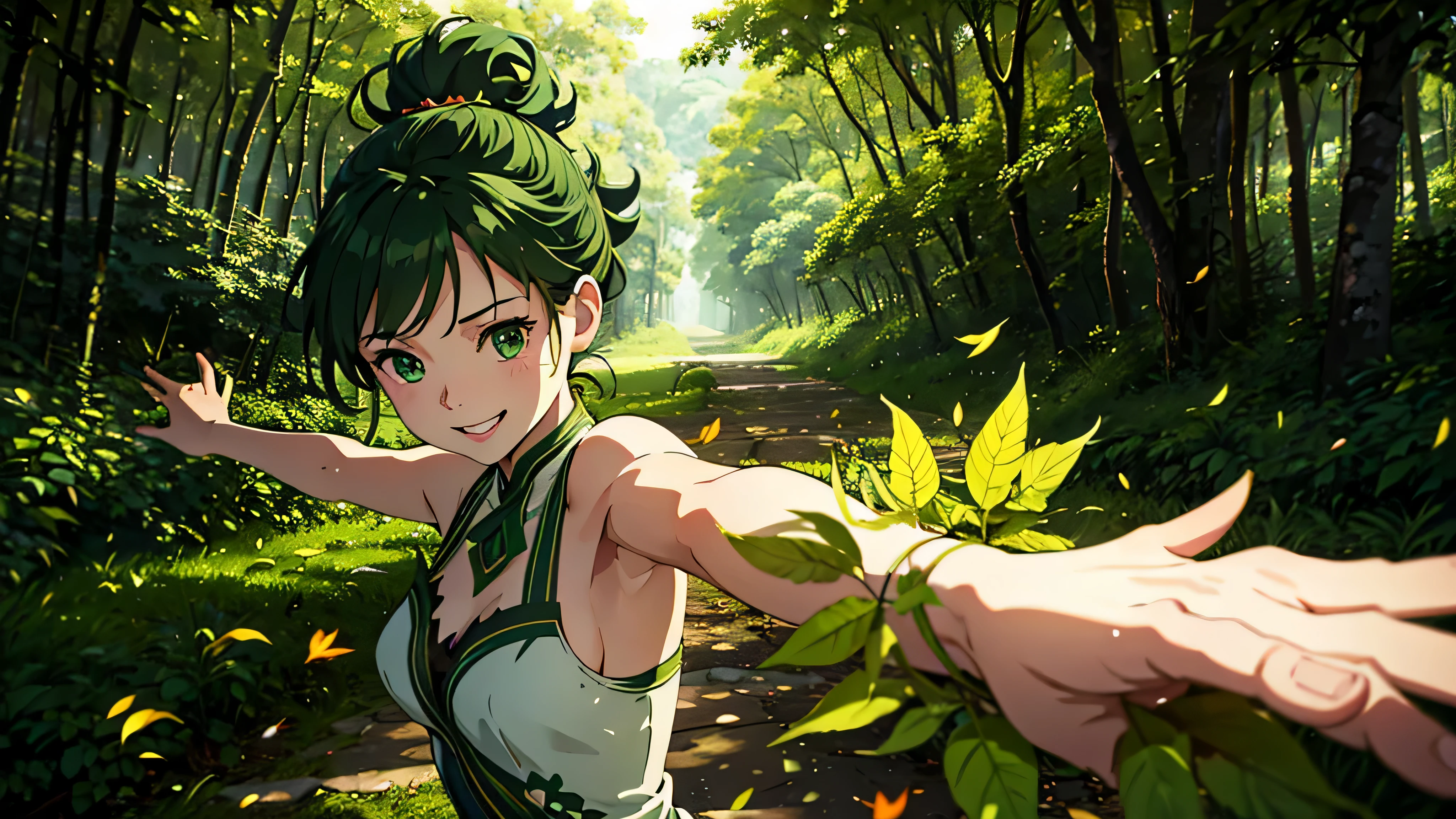 Generate an image of a girl personified with green leaf-like features, running with hair up to her neck. The perspective should be a bust shot, with leaves dancing around her. She is smiling, and the background should depict a daytime forest setting.
