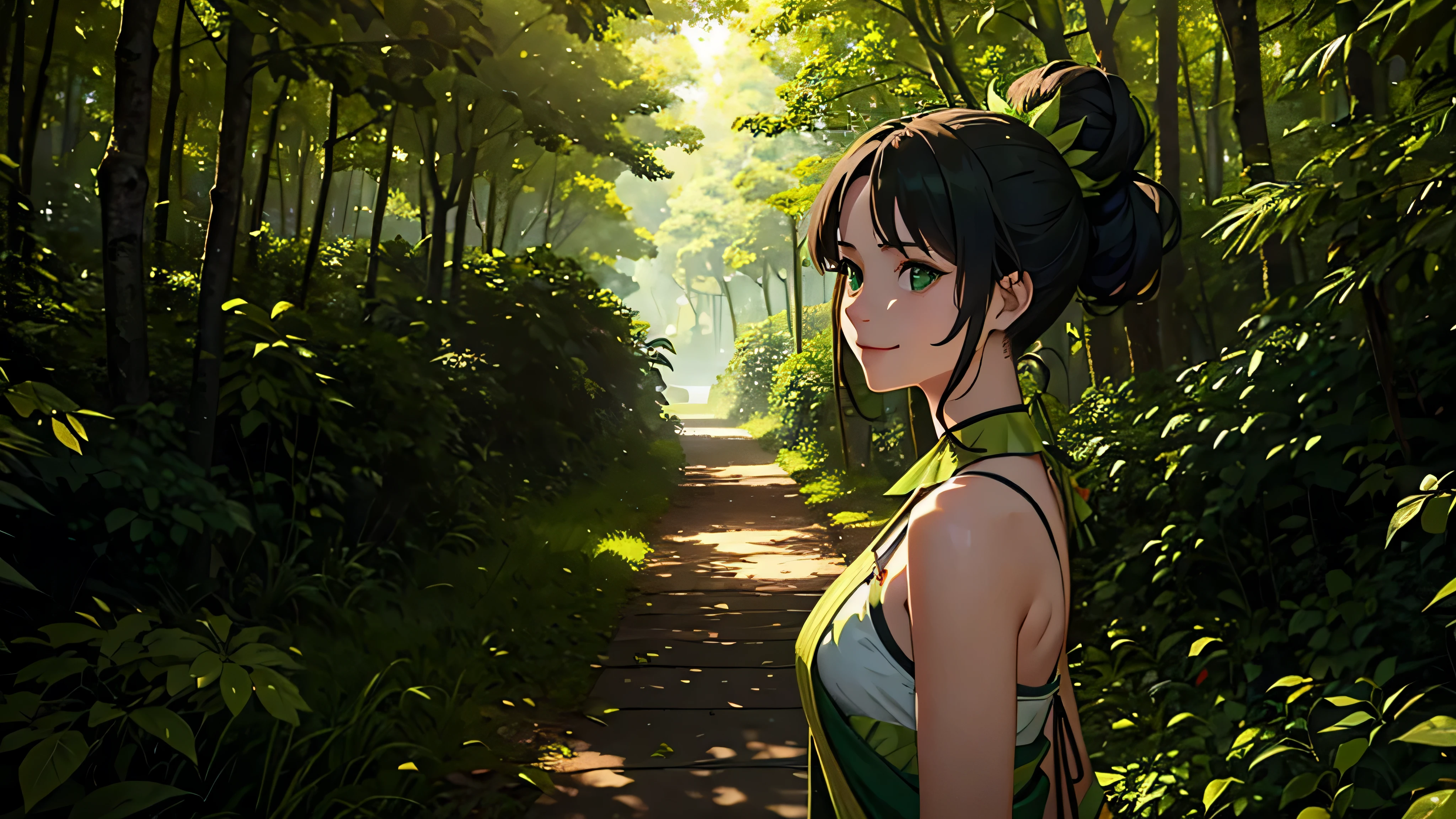 Generate an image of a girl personified with green leaf-like features, walking with hair up to her neck. The perspective should be a bust-up shot, with leaves dancing around her. She is smiling, and the background should depict a daytime forest setting.