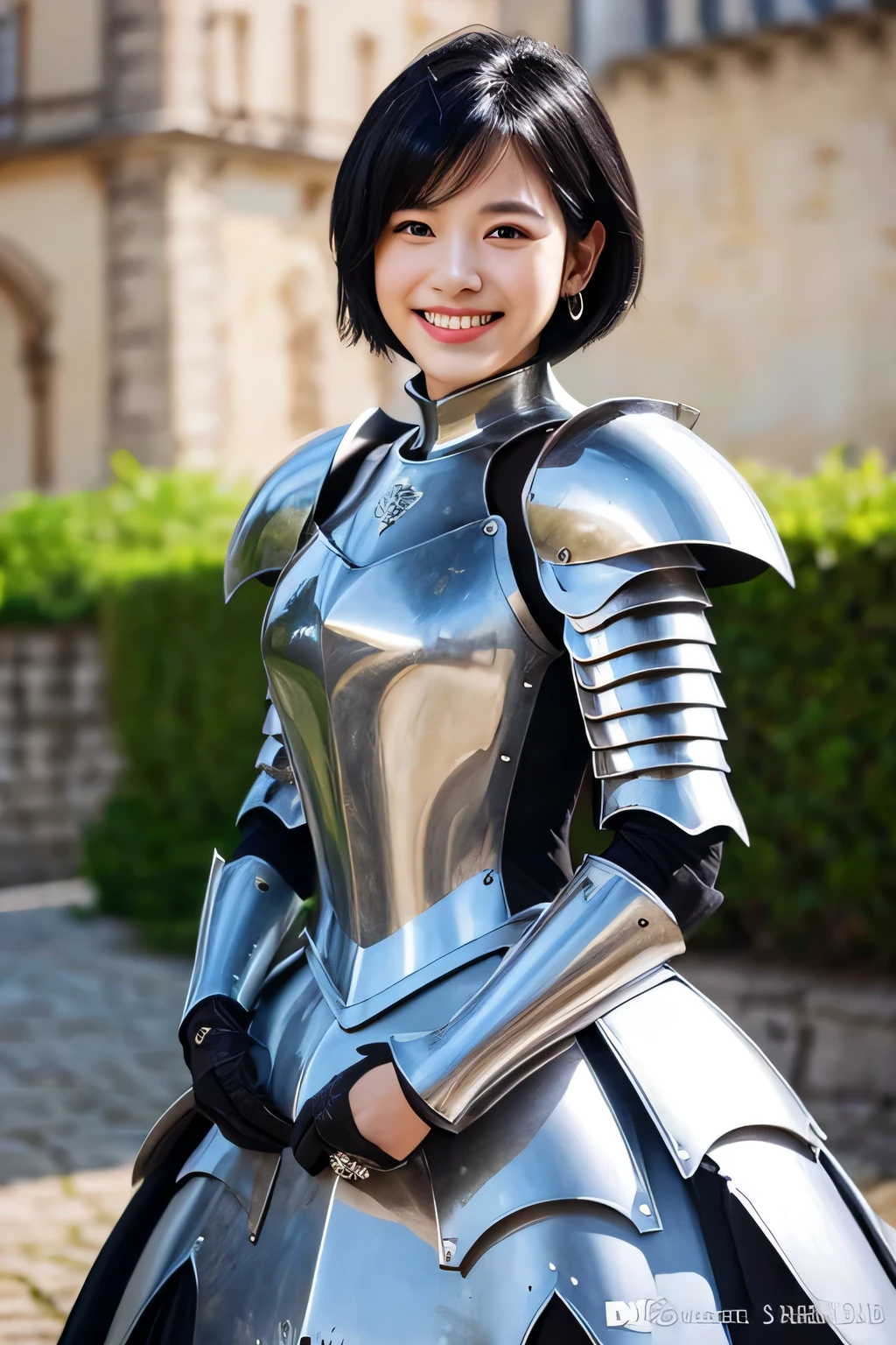 highest quality、4K、The background is a castle、slender body shape、female knight、black hair、smile、beautiful teeth、hairstyle short cut、ear piercing、full body photo、Luxurious Silver Armor、