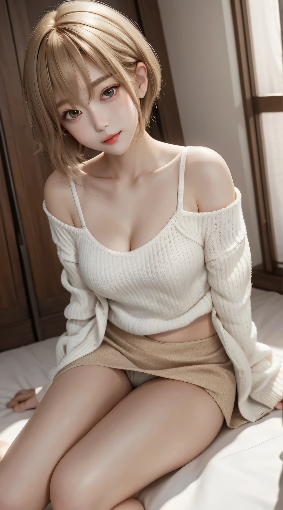 Beautiful white and shining skin、Chestnut hair that changes depending on the light、Long bangs between the eyes that obstruct the view、Cheek gloss highlights、Sexy and very beautiful gorgeous face、the most beautiful face in the world、small face beauty、golden ratio、full body shot、Beautiful woman with perfect body、short hair、plump breasts、cleavage、slender、constriction、open your mouth a little、solo、sexy、natural soft light、tight long knitwear、mini skirt、white lace panties、A sexy model poses with her chest sticking out、beautiful thighs、
