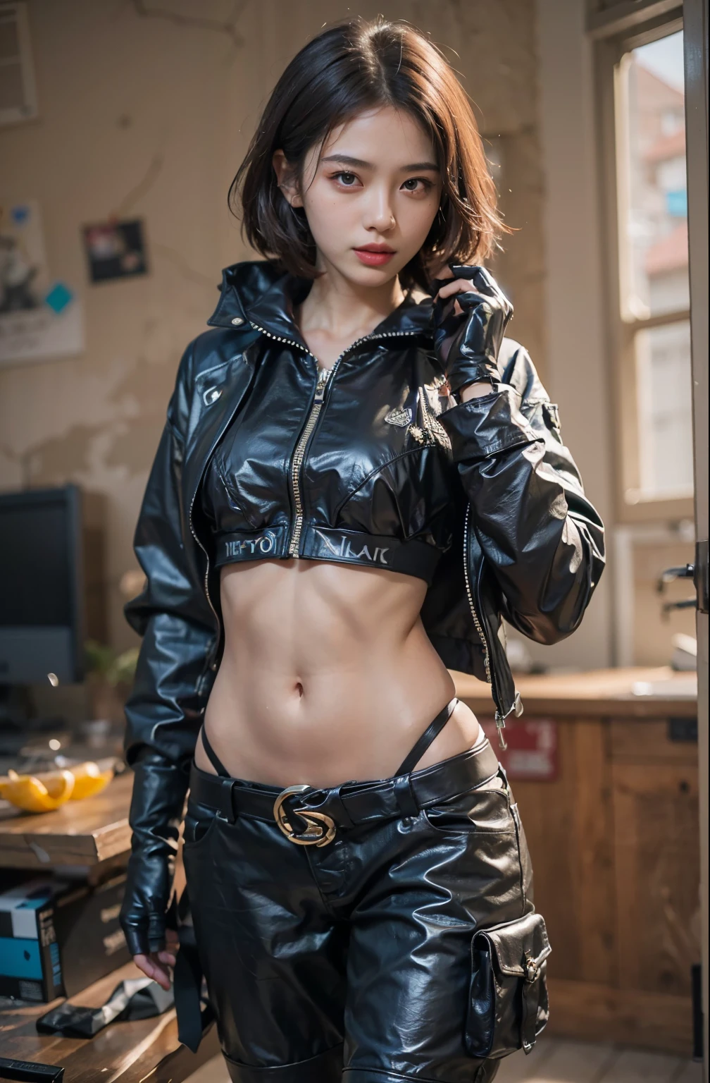 there is a woman in a black leather outfit posing for a picture, Cyberpunk 20 years old. oh,model girl, Cyberpunk style, cyberpunk clothing, Photo of a woman in tech clothing, Wearing tech suit and armor, cyberpunk girl, Female Cyberpunk Anime Girl, cgstation trends, cyberpunk style clothing, Beautiful cyberpunk woman model, Popular topics on cgstation, Wearing a cyberpunk leather jacket,beautiful girl,ultra high res(photorealistic:1.4), makeup, jitome, Realism, cinematic lighting, ray tracing, anatomically correct, textured skin, high details, award winning, best quality, 4K, super detail,Make-up,stunningly beautiful,, dynamic poses, delicate face, vibrant eyes, High detail skin, Realistic skin details, Visible pores, sharp focus, volumetric fog, 8K Ultra HD, SLR camera, high quality, photorealism, Photography,((8K, raw, masterpiece: 1.4)), (Professional photography, sharp:1.2), ((Portrait shoot)), Perfect dynamic composition, (natural sunlight), (soft shadow), (Perfect body:1.4, slim abs:1.2), ((Japanese hairstyle:1.4, medium breasts:1.2)), medium long hair, Ultra-detailed faces and skin, perfect asian, White skin, (Delicate skin:1.3), (perfect glowing skin:0.6), beautiful eyes, round eyes, pretty face, blush, glossy lips, high nose bridge, shiny eyes, Perfectly proportioned face, Really moist skin, exquisite expression, looking at camera, exquisite expression,