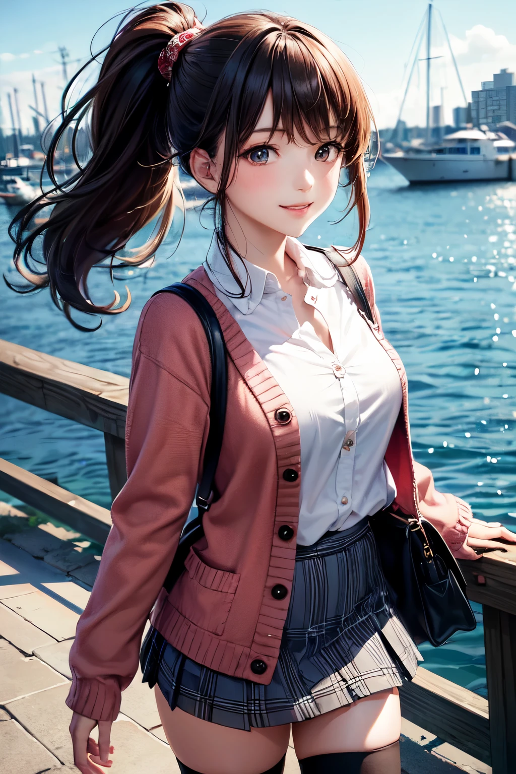 very cute and beautiful girl,teen,(highly detailed beautiful face),(gray blouse),(smile),
cowboy shot,(red cardigan:1.2),long sleeve BREAK zettai ryouiki,(brown shoulder bag),(plaid brown mini skirt:1.3),
walking,stylish pose,wavy hair,black hair,low ponytail,(black boots),
(Yokohama:1.2),(port town,harbor,cityscape overview:1.2),detailed landscape,
(best quality,masterpiece:1.0),absurdres,highres,ultra-detailed,extremely detailed,32k,8k resolution,
intricate details,cinematic scene,detailed background,solo,dynamic angle,
hair fluttering in the wind,beautiful detailed sky,