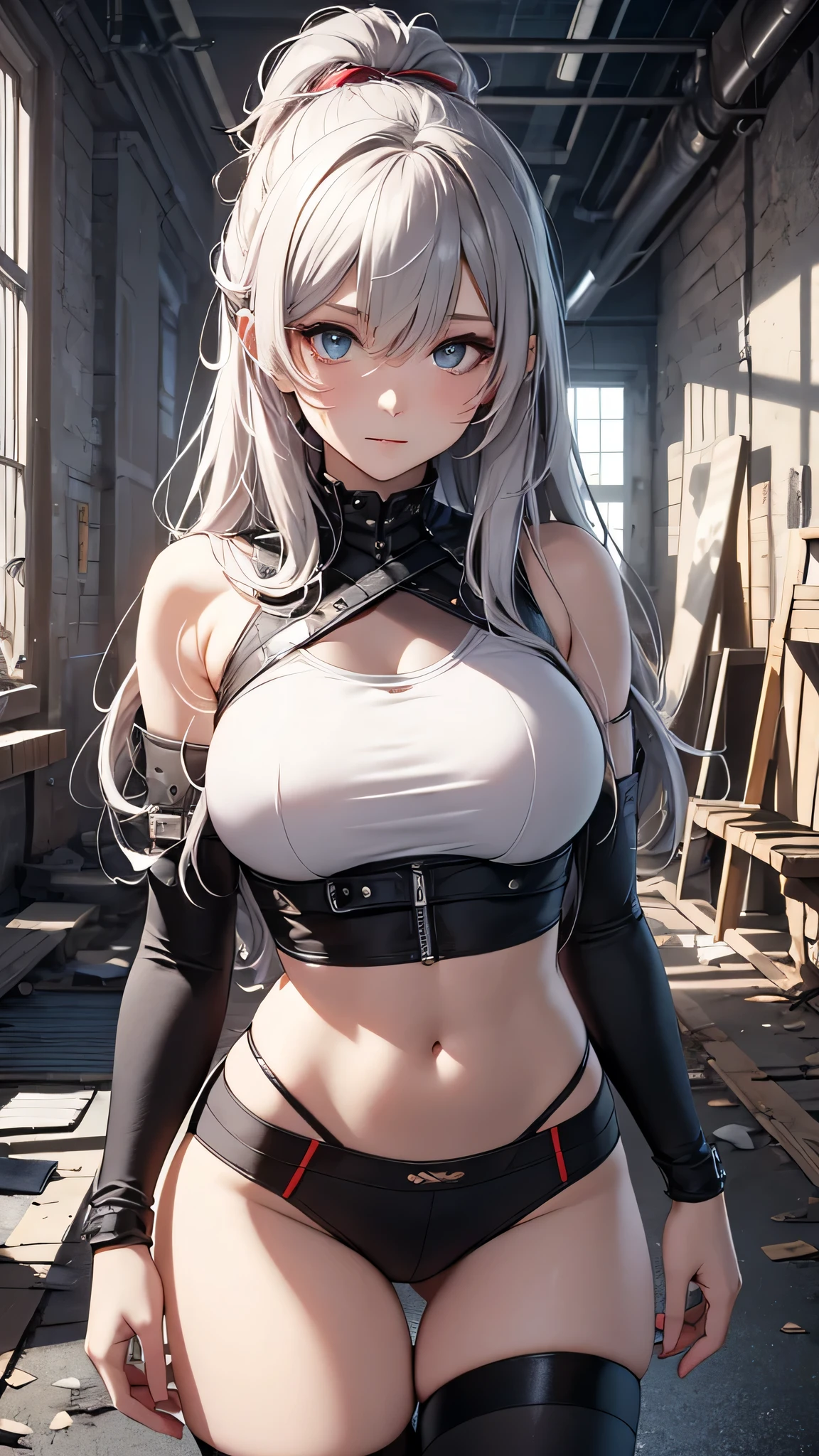 最high quality、best image quality、masterpiece、girl((18-year-old、 By becoming、vest bust、medium bust,wide open breast tea、shining eyes, silver hair、ponytail、long hair、thin,highest valley、white tank top、blue pants、Wristband、brown skin、Holding a handgun)),high quality、beautiful art、background((Dark Research Facility、aisle、broken wall、warning mark、battlefield))、Flight、debris flies、Depth of written boundary、movie、visual art、perfect art、8K,genuine、