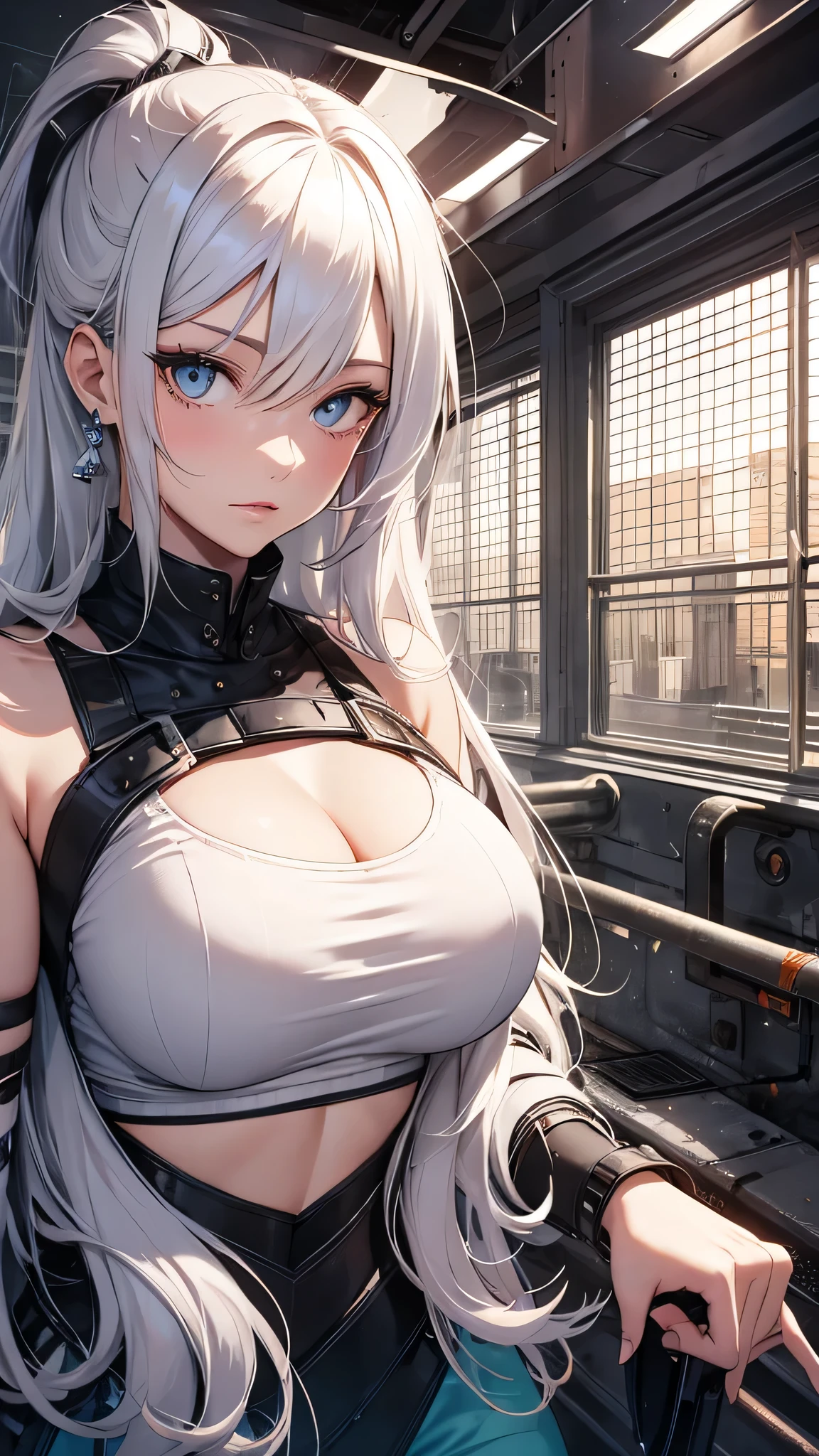 最high quality、best image quality、masterpiece、girl((18-year-old、 By becoming、vest bust、medium bust,wide open breast tea、shining eyes, silver hair、ponytail、long hair、thin,highest valley、white tank top、blue pants、Wristband、brown skin、Holding a handgun)),high quality、beautiful art、background((Dark Research Facility、aisle、broken wall、warning mark、battlefield))、Flight、debris flies、Depth of written boundary、movie、visual art、perfect art、8K,genuine、