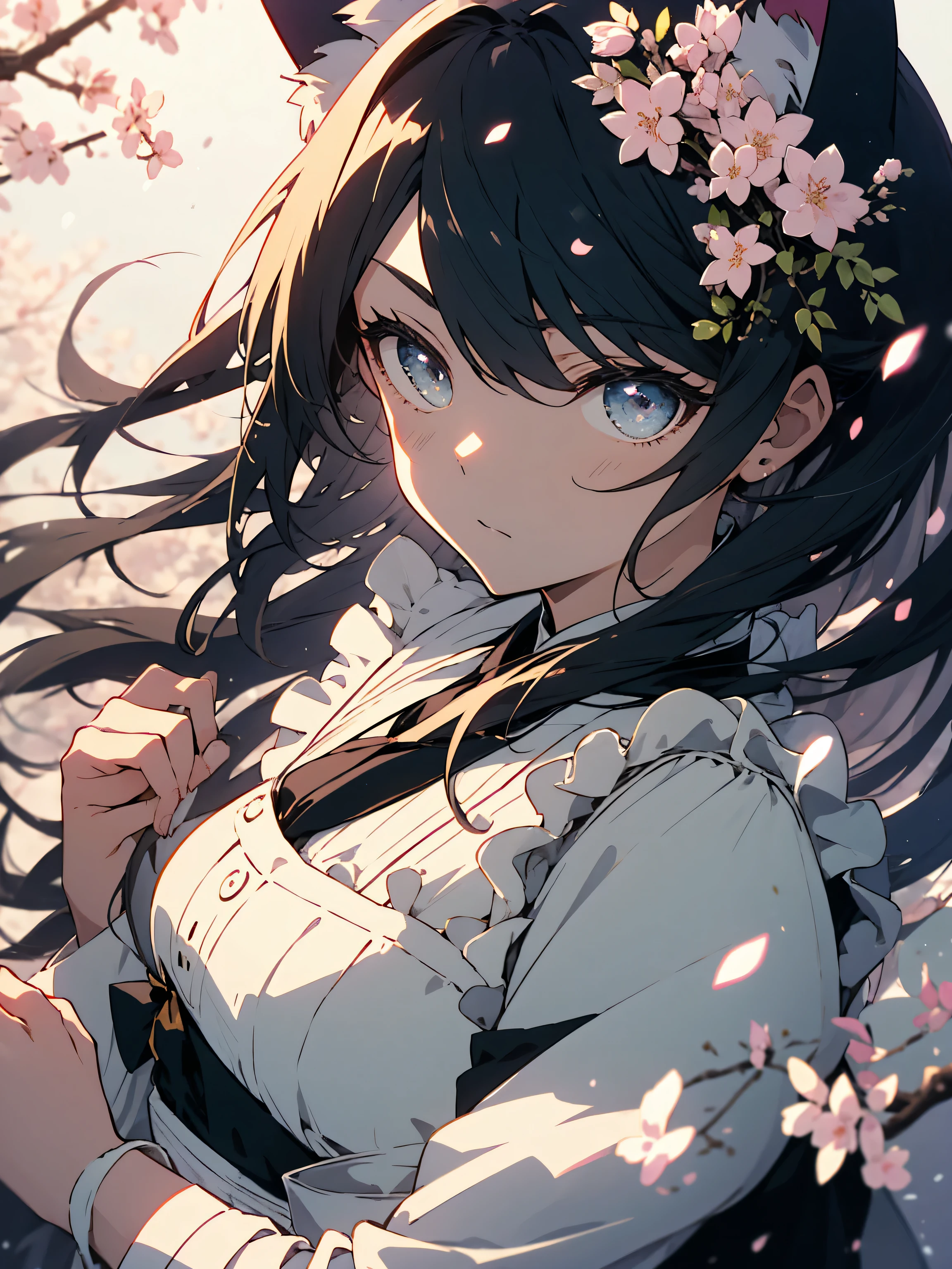 (highest quality、masterpiece、High resolution、be familiar with)、(shining eyes、be familiar with美しい顔)、(1 girl、maid),(maid clothes、Spring specifications)、(Cat ears on the head)、(cute)、(pastel colour)、BREAK,spring landscape、pop theme、 cherry blossom background、(beautiful anime)、dynamic angle