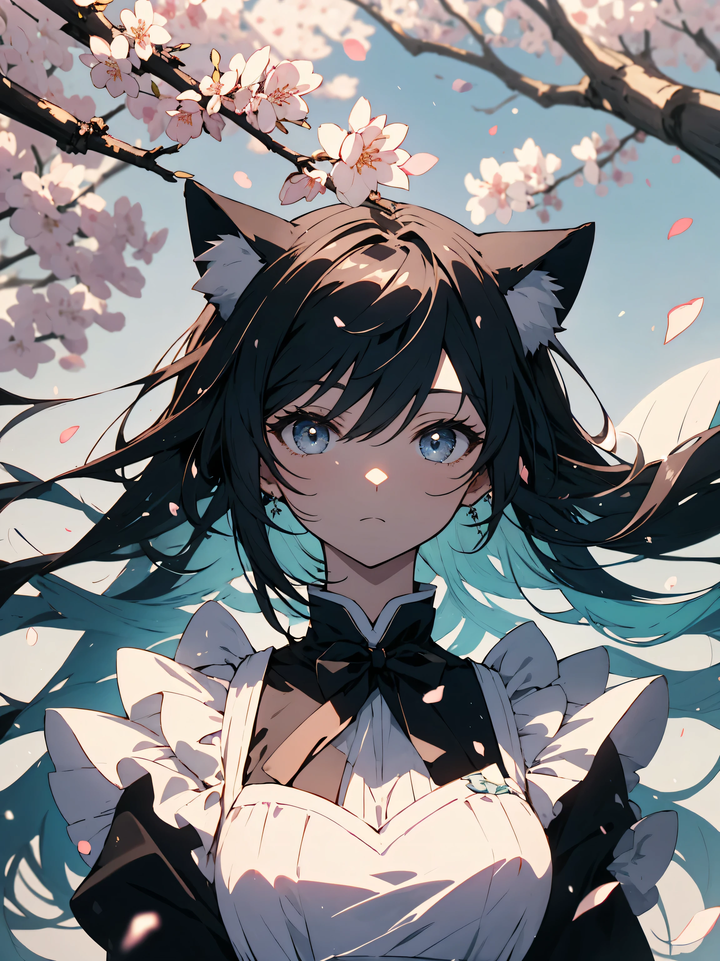 (highest quality、masterpiece、High resolution、be familiar with)、(shining eyes、be familiar with美しい顔)、(1 girl、maid),(maid clothes、Spring specifications)、(Cat ears on the head)、(cute)、(pastel colour)、BREAK,spring landscape、pop theme、 cherry blossom background、(beautiful anime)、dynamic angle
