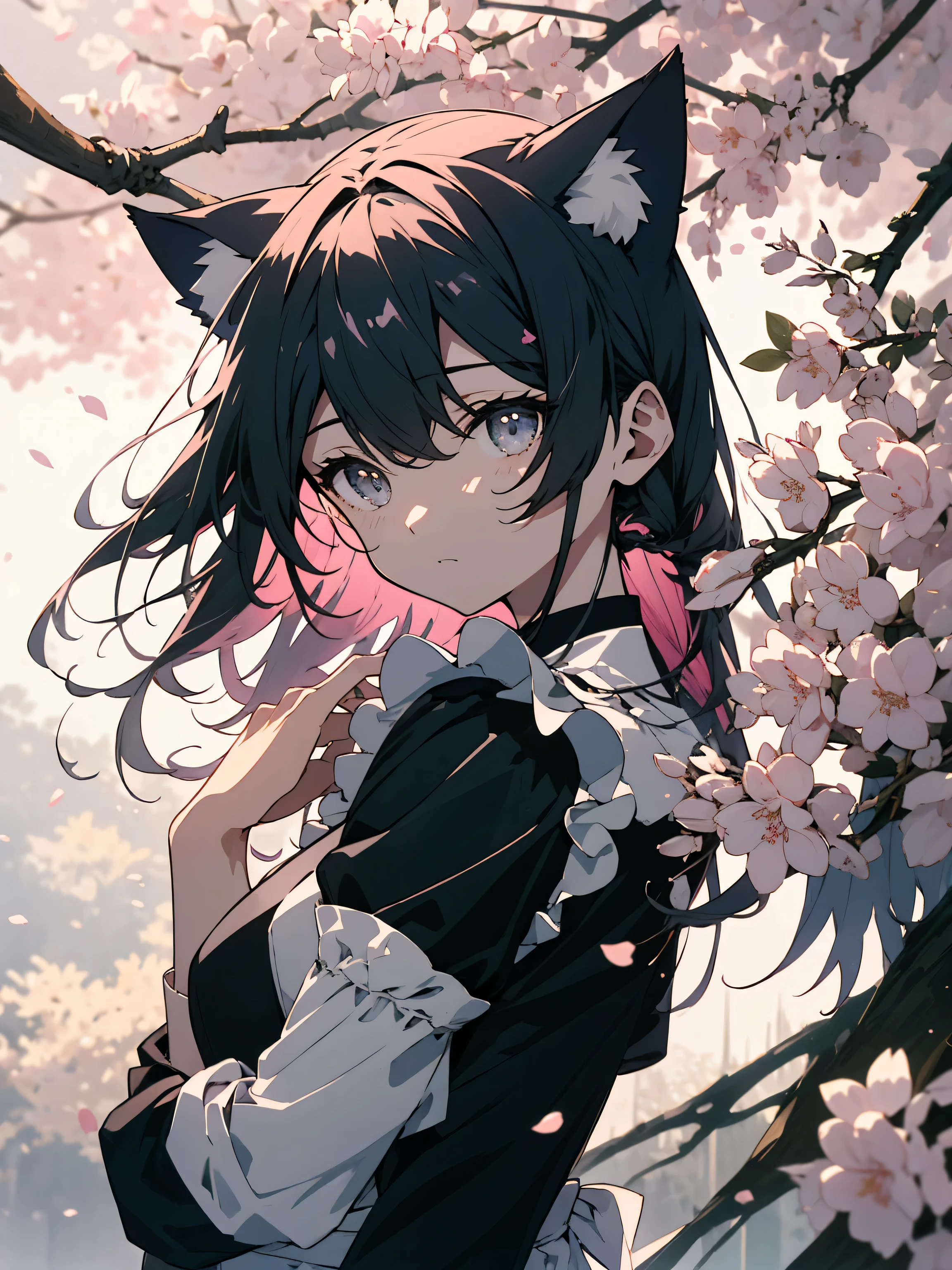 (highest quality、masterpiece、High resolution、be familiar with)、(shining eyes、be familiar with美しい顔)、(1 girl、maid),(maid clothes、Spring specifications)、(Cat ears on the head)、(cute)、(pastel colour)、BREAK,spring landscape、pop theme、 cherry blossom background、(beautiful anime)、dynamic angle