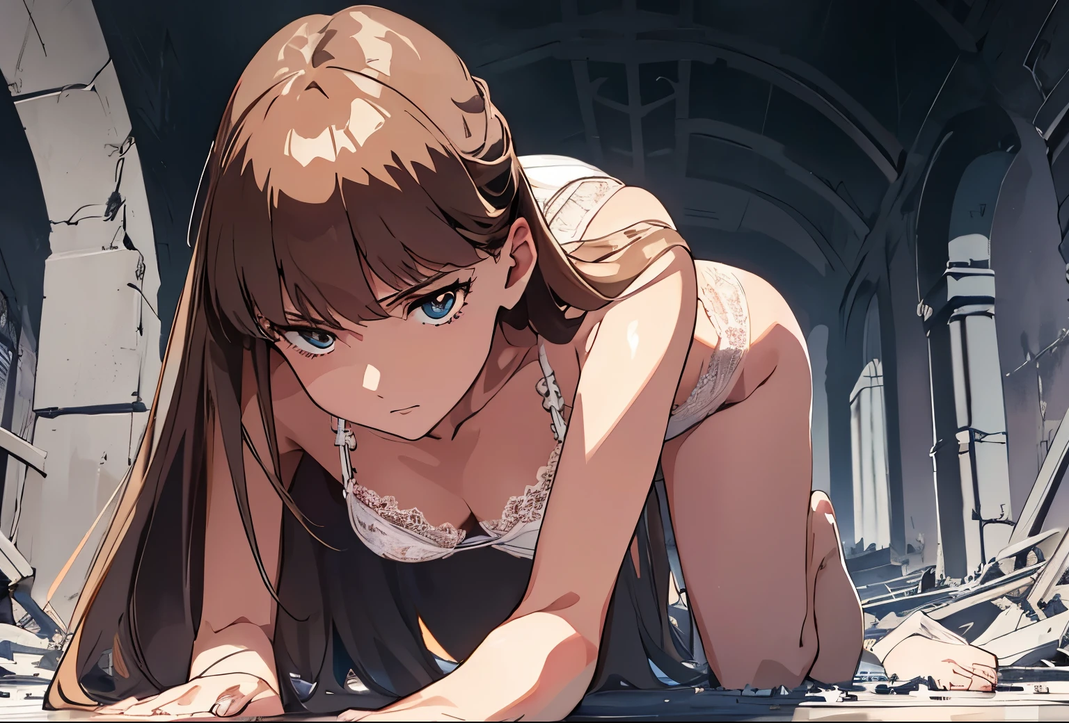 From aboy,Night ,looking up,Relena Peacecraft,all fours,crawling ,hip up,,brown Long hair, girl on top,hair all on eyes,glaring ,realistic white lace panties,realistic white lace bra,black eyes,big eyes,beautiful face,,zitome ,disgust,in the ruins,battle field background,masterpiece ,8k unity wallpaper,anime key visual,highest quality, High resolution, unity 8k wallpaper, (shape:0.8), highly detailed face,highly detailed eye,glowing eyes , shiny skin,fine skin,white skin,dense skin,detailed hair,highly detailed legs,perfect lighting, Detailed CG, (perfect hands, perfect anatomy),High resolution,anime key visual,Kyoto Animation,(Detailed wear ),slender limbs, delicate curves, dainty hands, tiny feet,