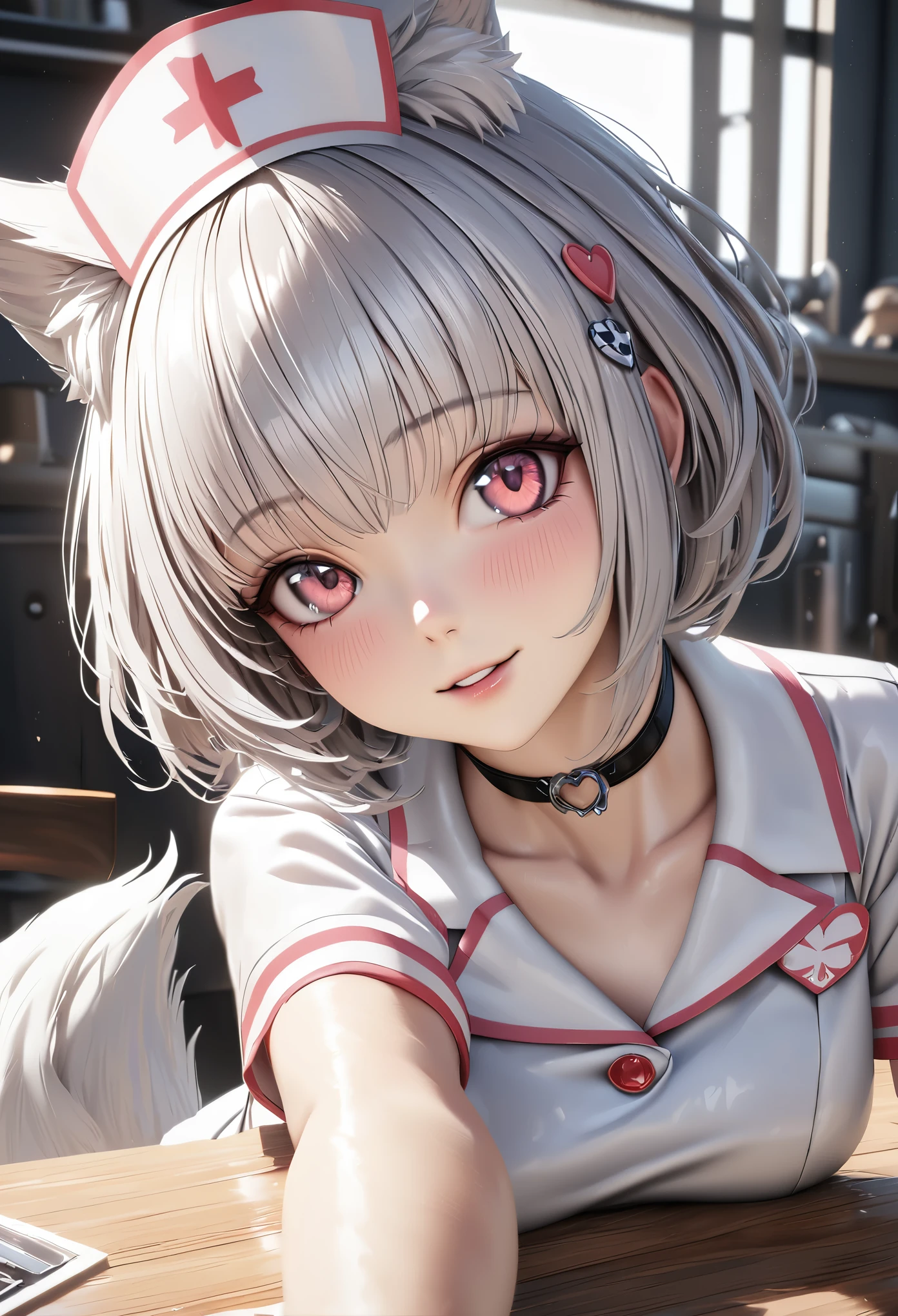 Top quality, best quality, super detailed, hi-res, high resolution, HDR, 4k, 8k, unity 8k wallpaper, highly detailed CG, masterpiece, realistic, photorealistic, 2D, 3D, beautiful details, depth, fine textures , ultra-fine: 1.3, fully focused, crispy.skin, .berak,
A very cute anime girl with silver short hair dressed as a nurse, her name is Mia, smiling, one girl, solo, short silver hair, animal ears, a mole under her eyes, looking at the viewer, nurse Uniform, blush, mole, fox ears, parted lips, hair ornament, heart, pink eyes, choker