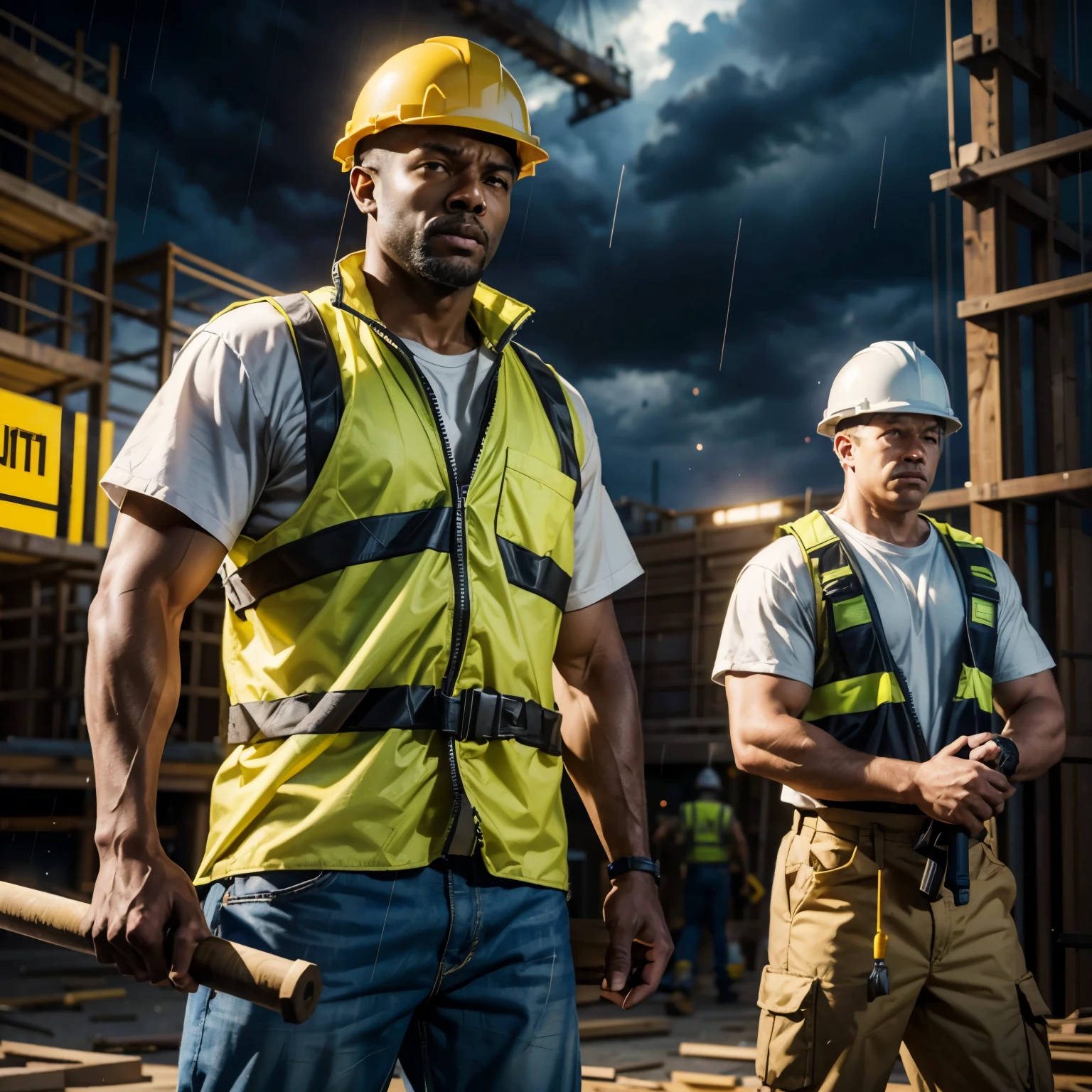Stormy night, ((construction site)) ,(two male construction workers carrying sledgehammer) , raining, (yellow safety vest) , carrying wood beam, ((one man holding board)) , hard hat, black man and white man, dramatic shading, cinematic shot, Masterpiece, best quality, perfect face, stoic