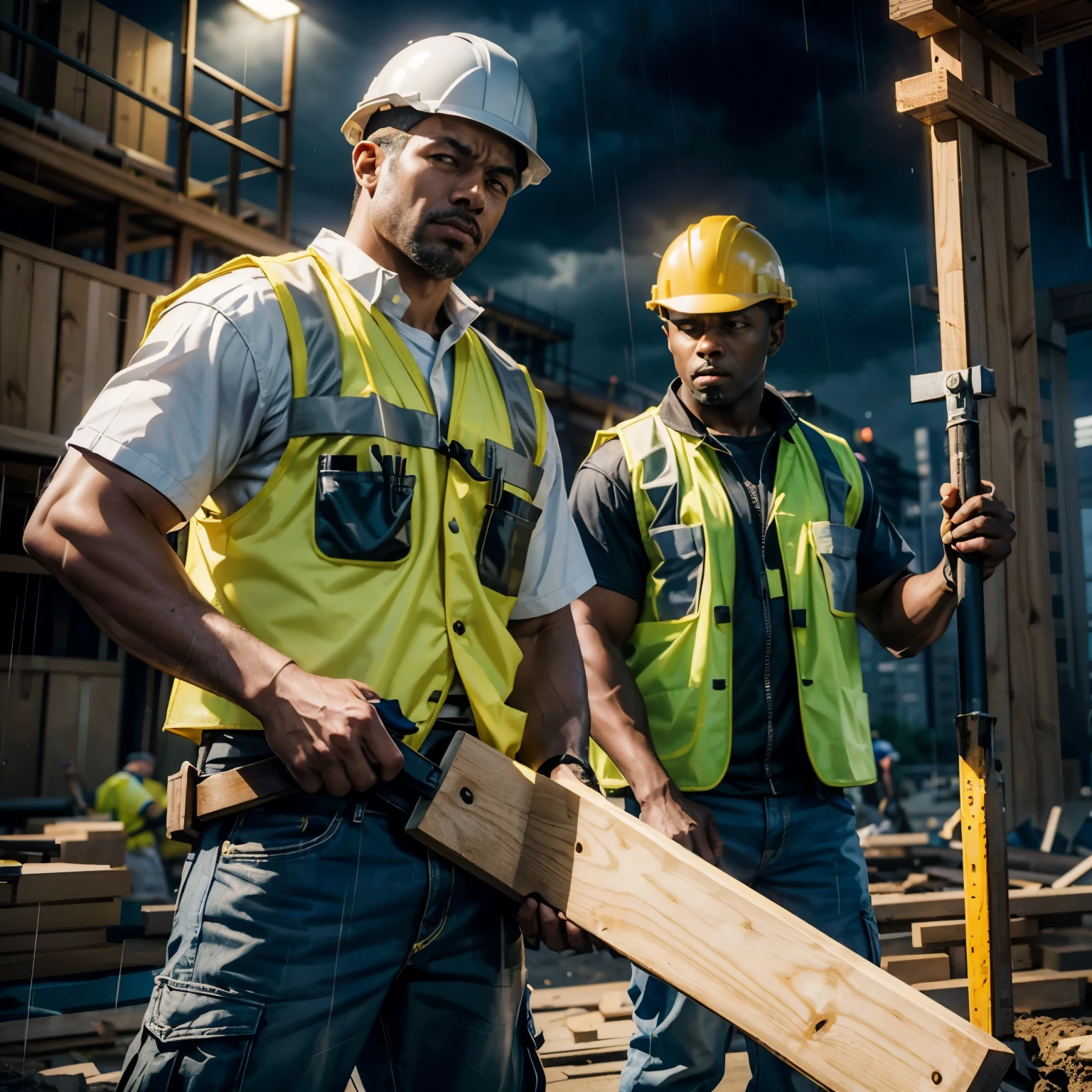 Stormy night, ((construction site)) ,(two male construction workers carrying sledgehammer) , raining, (yellow safety vest) , carrying wood beam, ((one man holding board)) , hard hat, black man and white man, dramatic shading, cinematic shot, Masterpiece, best quality, perfect face, stoic