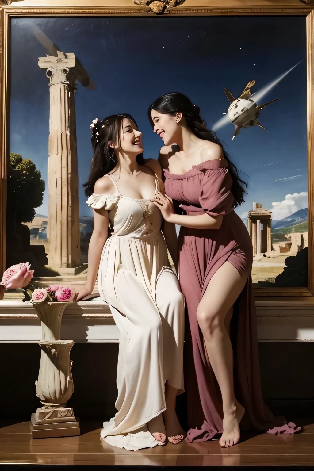 full body portrait or statue、Giorgione painting style,Arguments of two female Philosophe,math、astronomical machine、astronaut、roses in vase、fruits、Cute trinkets、smile、ancient greek costume、Ancient Roman landscape in the style of Nicolas Poussin,laughter,,Sweet and seductive appearance.、Caravaggio's paintings、Chiaroscuro of Caravaggio、hair tousled by the wind,Two women frolicking,cute smile, expression of ecstasy,Sexy,erotic