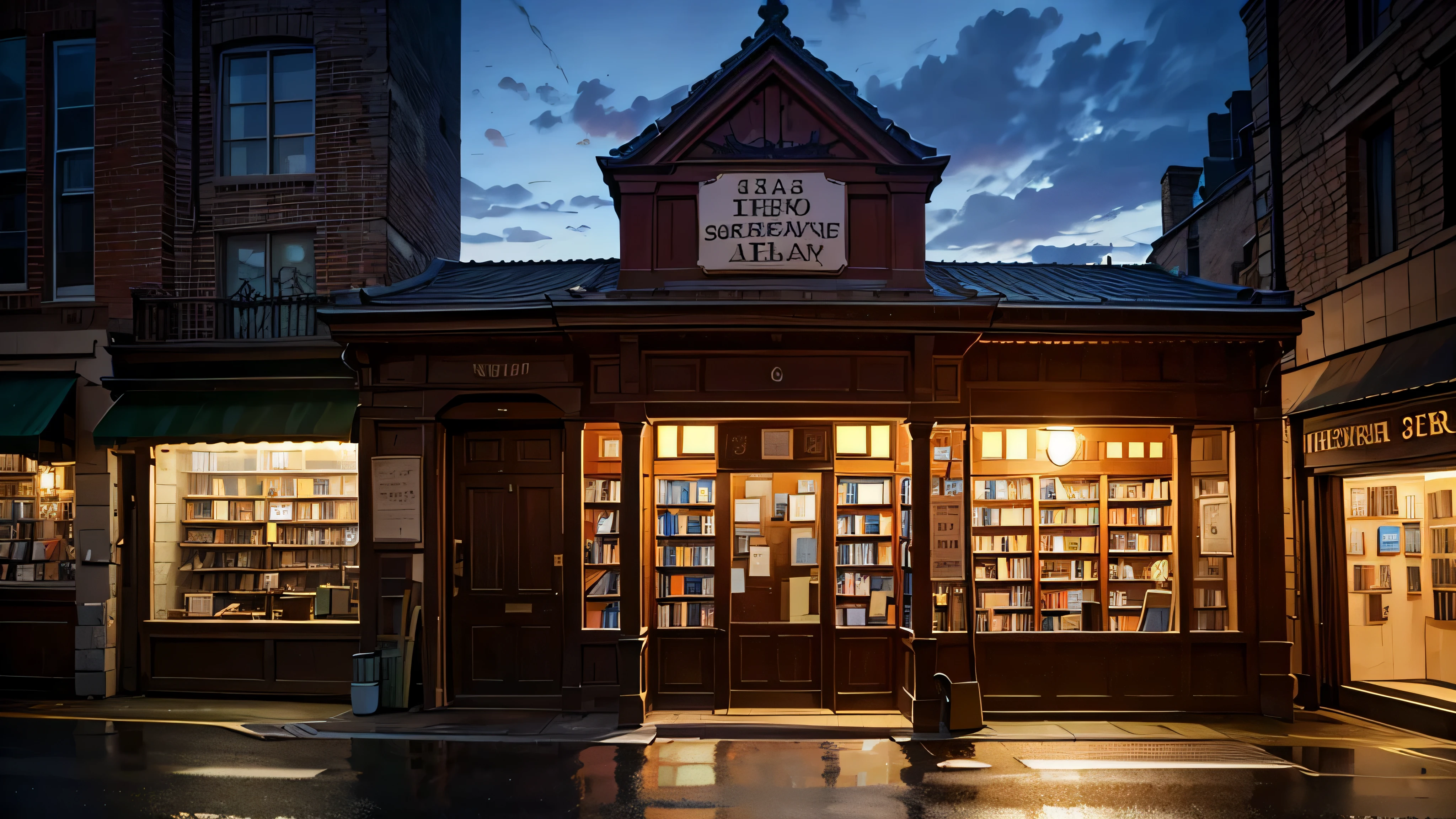 Generate an image of a historic building that resembles an old bookstore. The entrance should be prominently visible from the front view, captured at nighttime.