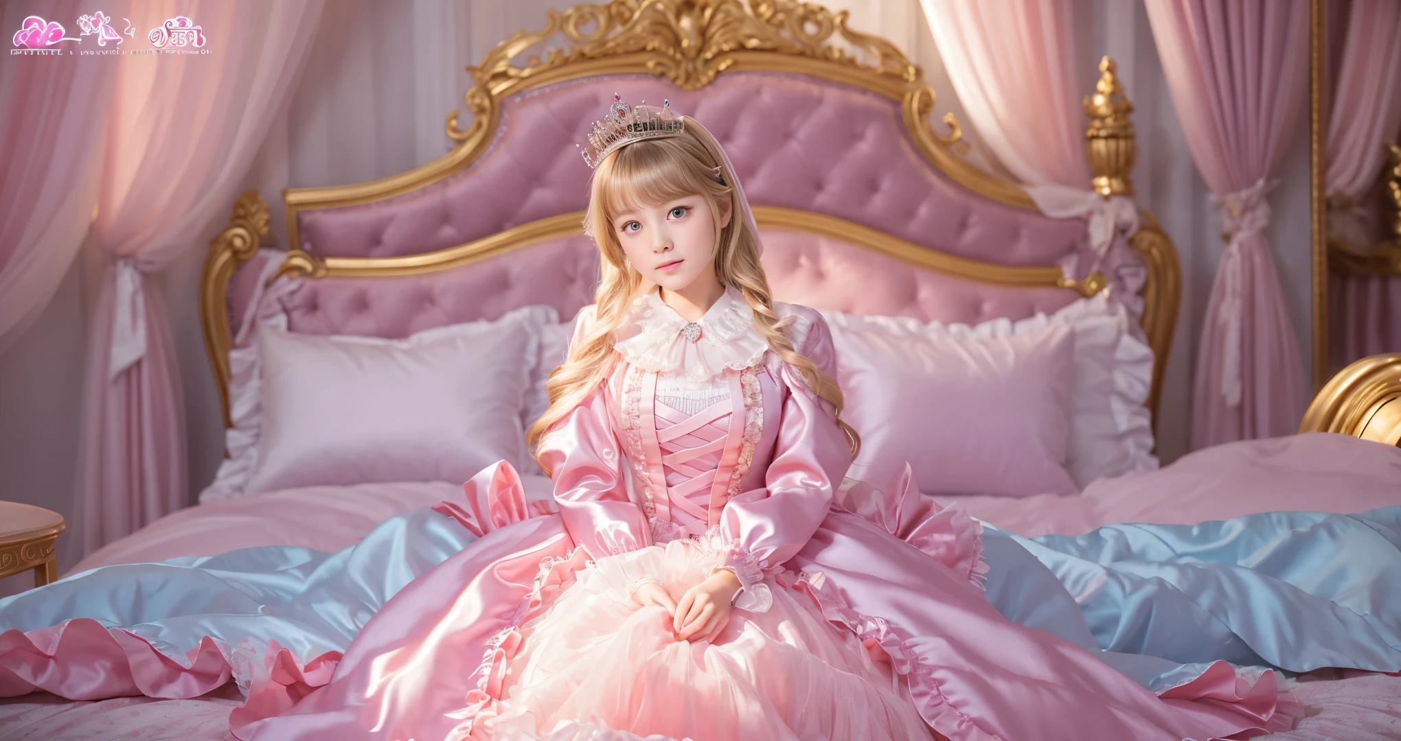 ,highest quality, masterpiece, highest resolution, artwork, super それにget used to it, many get used to it, get used to it, それにget used to it, 3K anime illustration,,(( When I was 10 years old)),Super detailed baby face,She is a princess,Full length ball gown dress with hoop skirt,ruffled yoke collar,puff sleeves,long sleeve,((lolita style hot pink princess satin dress、Comes with lots of frills and ribbons。)),colorful rococo fashion,shiny satin dress,Soft and smooth fabric,luxury,long blonde hair,blue eyes,white skin european,pajamas,((inside the palace)),,,(( When I was 10 years old)),Super detailed baby face,Full length ball gown dress with hoop skirt,long skirt,ruffled yoke collar,puff sleeves,腰まで伸びるlong blonde hair,blue eyes,white skin european,pajamas,((inside the palace bedroom)),ピンクのシルクサテンのluxuryなcanopy bedの上,canopy bed,luxurious curtains under the canopy,many frilly pillows on the bed,super detailed background,detailed bed,silk satin bed sheets,soft silk satin comforter,Soft silk satin ruffled pillow in pastel colors,little princess is sitting on the bed,legs are hidden in the dress,Don'Don'Don't put your feet out to the side,Beautiful girl illustration,detailed beautiful face detailed hair,detailed human eye ,detailed mouth, arm details,fine hands,Detailed pillow,Frilly pillows piled up behind the girl,